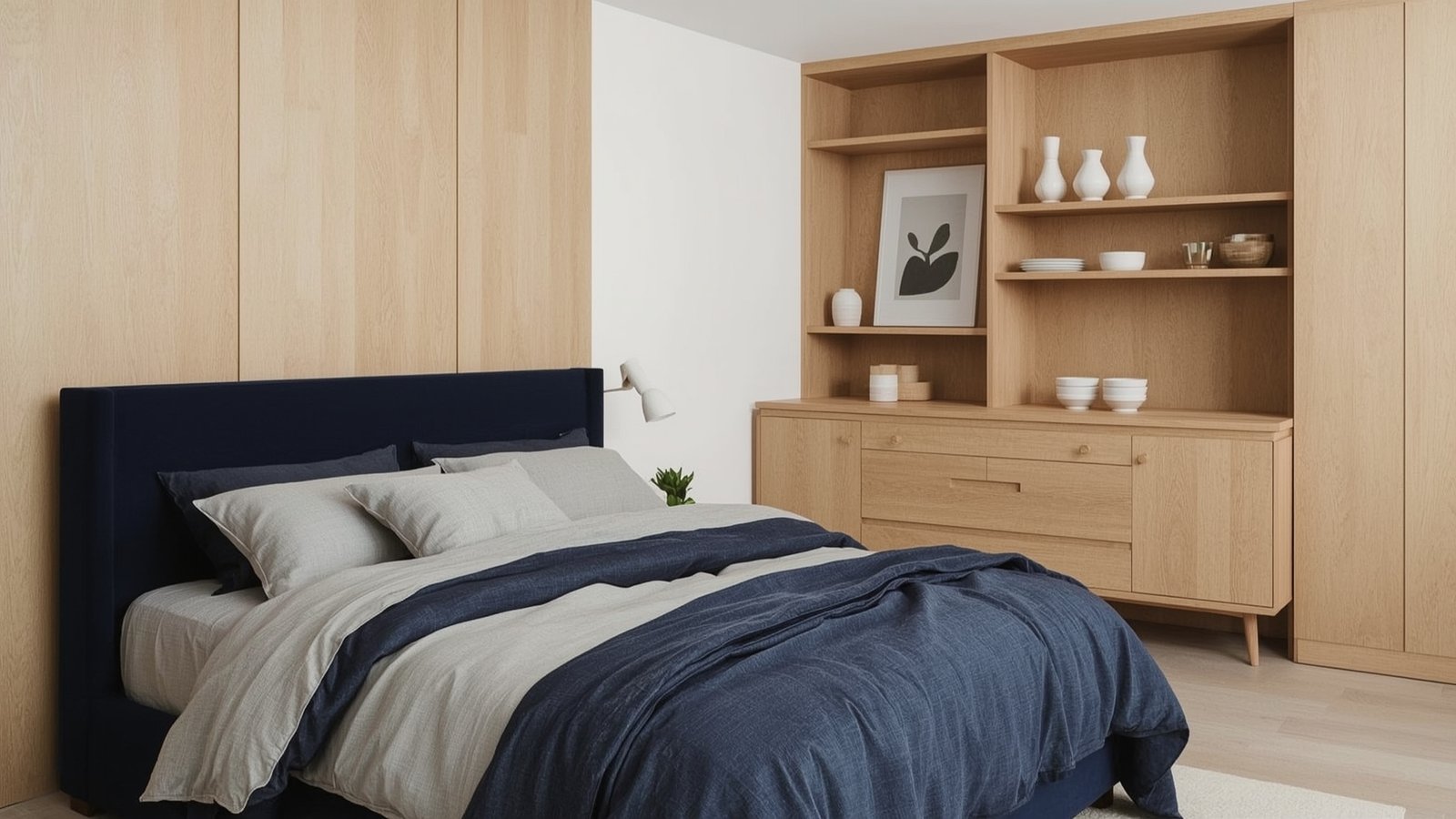 navy blue-themed bedroom with stylish storage solutions