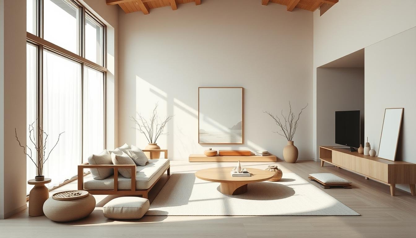 Pristine Japandi-inspired interior, evoking a harmonious blend of Scandinavian minimalism and Japanese simplicity. Soft, diffused natural light filters through large windows, casting a serene, ethereal glow over the space. Clean, geometric forms and organic textures create a balanced, tranquil atmosphere. A central low-slung, wood-framed sofa invites relaxation, complemented by a sculptural coffee table and understated, Nordic-inspired decor. Neutral tones and muted palettes predominate, punctuated by carefully curated accents in earthy hues. The overall impression is one of refined elegance, timeless design, and a deep connection to the natural world.