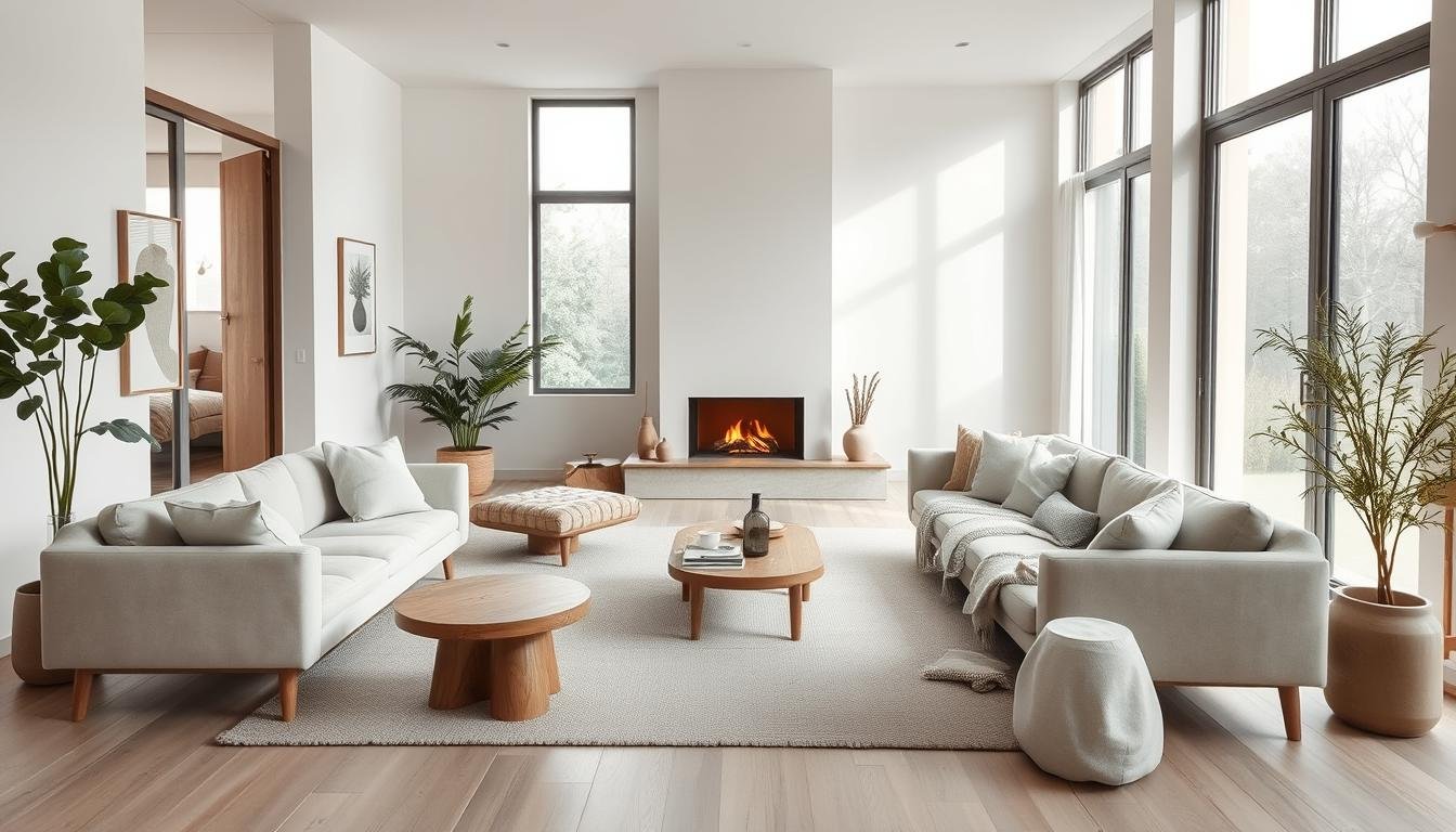 Scandinavian interior design with a modern Japandi twist: a spacious, airy living room bathed in soft, natural light from large windows. Minimalist furniture in muted tones of beige, ash, and white create a serene, uncluttered atmosphere. Touches of greenery and natural materials like wood and textured linens add warmth and depth. The clean lines, gentle curves, and organic forms evoke a sense of simple elegance and timeless Nordic style. A cozy fireplace in the background casts a gentle glow, while the overall composition exudes a calming, harmonious ambiance.