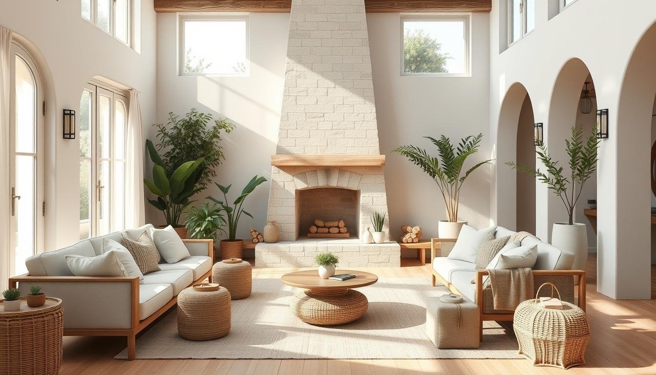 Warm Mediterranean interior, with a minimalist Japandi aesthetic. Sunlight filters through large windows, casting a soft glow on the natural wood and linen furnishings. A central stone fireplace radiates a cozy ambiance, surrounded by plush seating and earthy textiles. Potted plants and woven accents add pops of greenery, creating a serene, Scandinavian-inspired haven. The muted color palette of whites, grays, and natural tones evokes a sense of calm and tranquility. A large area rug grounds the space, while high ceilings and an open floor plan lend an airy, spacious feel. Gentle curves and clean lines harmonize to craft a visually balanced, soothing Mediterranean revival interior.