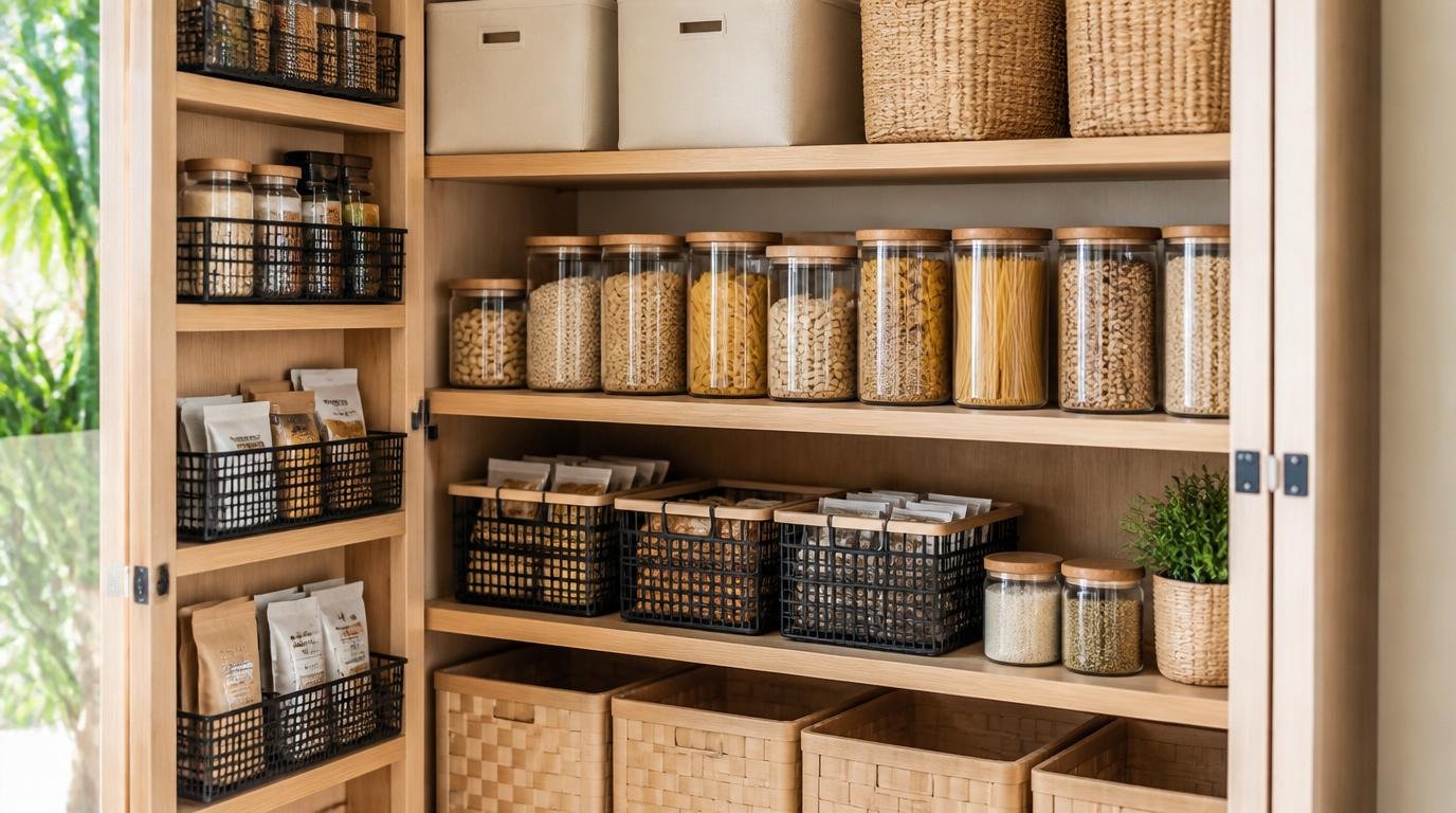 A neatly organized kitchen cabinet interior in a Japandi style. The shelves are arranged with symmetry, featuring minimalist wood and white accents. Soft, diffused lighting from above illuminates the clean, clutter-free layout. Glass jars, ceramics, and a few carefully placed plants create a serene, Scandinavian-inspired ambiance. The cabinet doors are sleek and Nordic in design, complementing the overall airy, functional aesthetic. The composition emphasizes the orderly, efficient storage solution, highlighting the beauty of a well-organized kitchen space. How to Organize Kitchen Cabinets for Easy Access and Efficiency by Dwell Studio 24