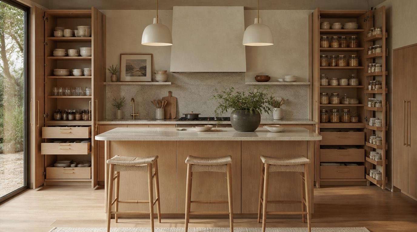 A bright and airy Japandi-style kitchen counter, meticulously organized with a harmonious arrangement of minimalist white porcelain plates, bowls, and cups. The tabletop is illuminated by soft, diffused natural light streaming in through large windows, casting a warm glow on the clean, Scandinavian-inspired aesthetic. In the background, a glimpse of sleek, Nordic-inspired wooden cabinetry provides a subtle, complementary contrast. The overall scene conveys a sense of serenity, efficiency, and effortless organization, perfectly capturing the essence of the "Organizing Specific Kitchen Items for Maximum Efficiency" section. How to Organize Kitchen Cabinets for Easy Access and Efficiency by Dwell Studio 24