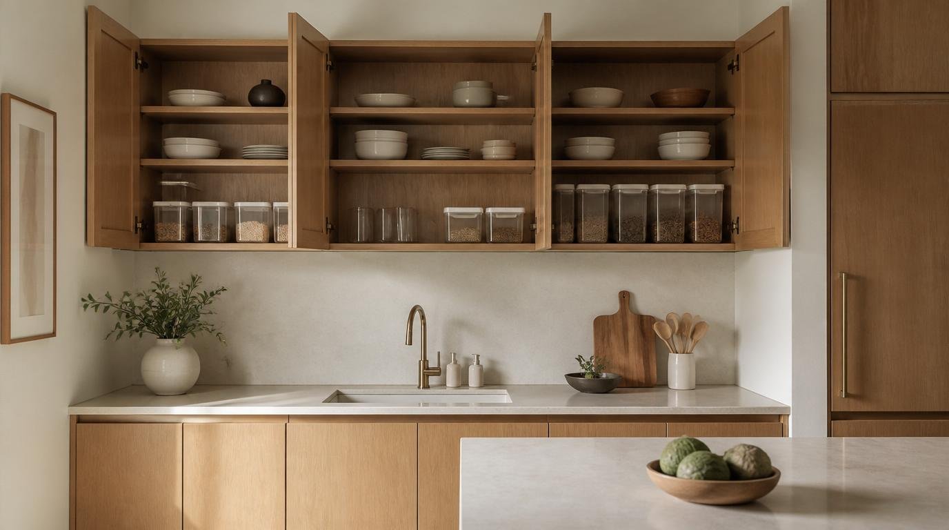 Organized upper kitchen cabinets in a Japandi style interior. A clean, minimalist arrangement of sleek, light-toned wooden shelves with carefully curated kitchenware. Soft, natural lighting from a large window bathes the scene in a warm, Scandinavian glow. The shelves display a harmonious selection of ceramics, glass jars, and other functional yet aesthetically pleasing storage solutions. The overall composition conveys a sense of efficiency, simplicity, and a Nordic-inspired, zen-like atmosphere. How to Organize Kitchen Cabinets for Easy Access and Efficiency by Dwell Studio 24