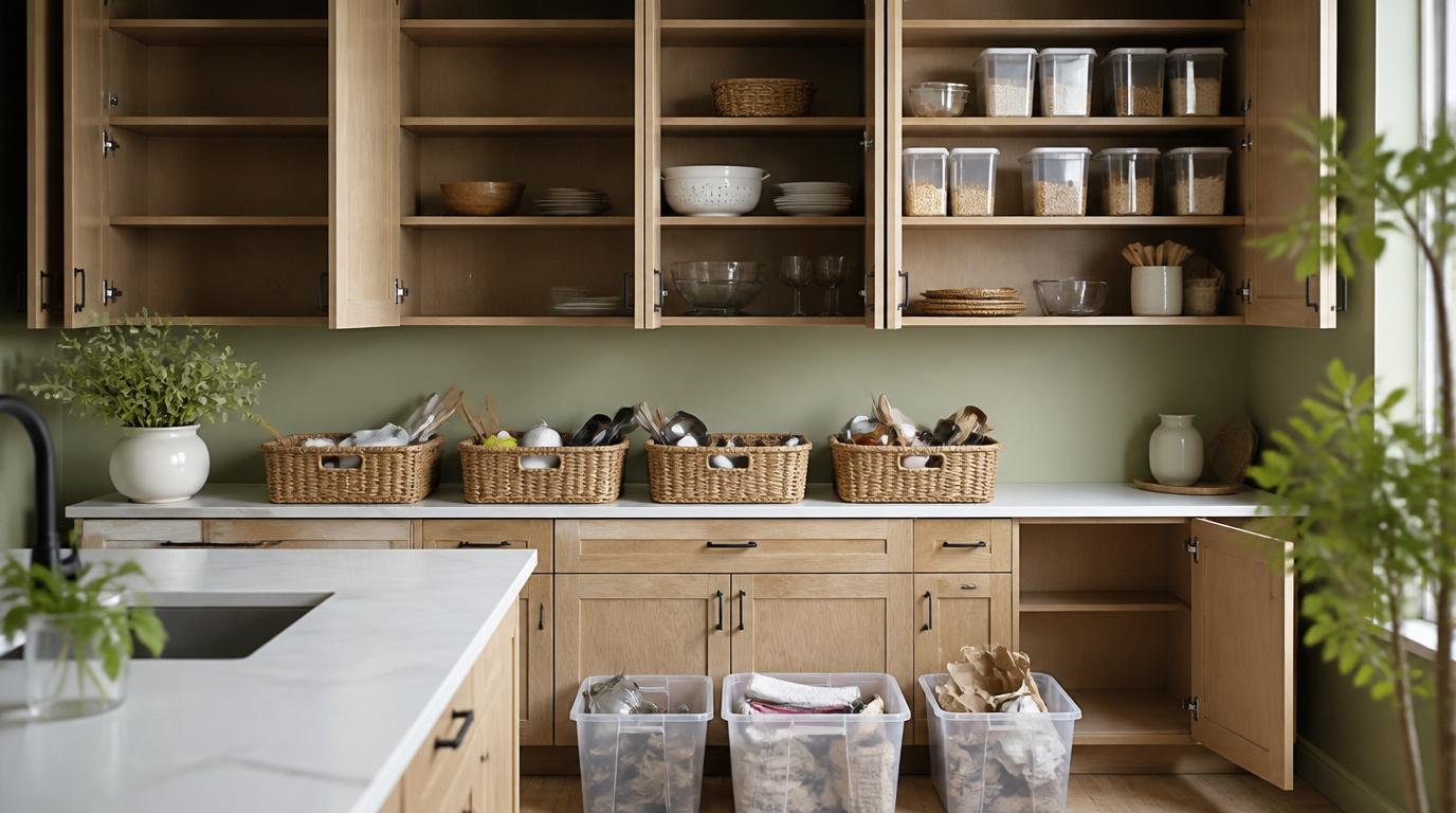 A bright, airy Japandi-style kitchen with sparse, minimalist decor. In the foreground, a clean countertop with a few essential kitchen tools neatly arranged. The middle ground showcases open shelving displaying only a handful of sleek, Scandinavian-inspired ceramics and glassware. The background features clean white cabinetry, the doors slightly ajar to reveal the organized, decluttered contents within. Soft, diffused natural lighting filters in, creating a serene, calming atmosphere that embodies the principles of Nordic design. How to Organize Kitchen Cabinets for Easy Access and Efficiency by Dwell Studio 24