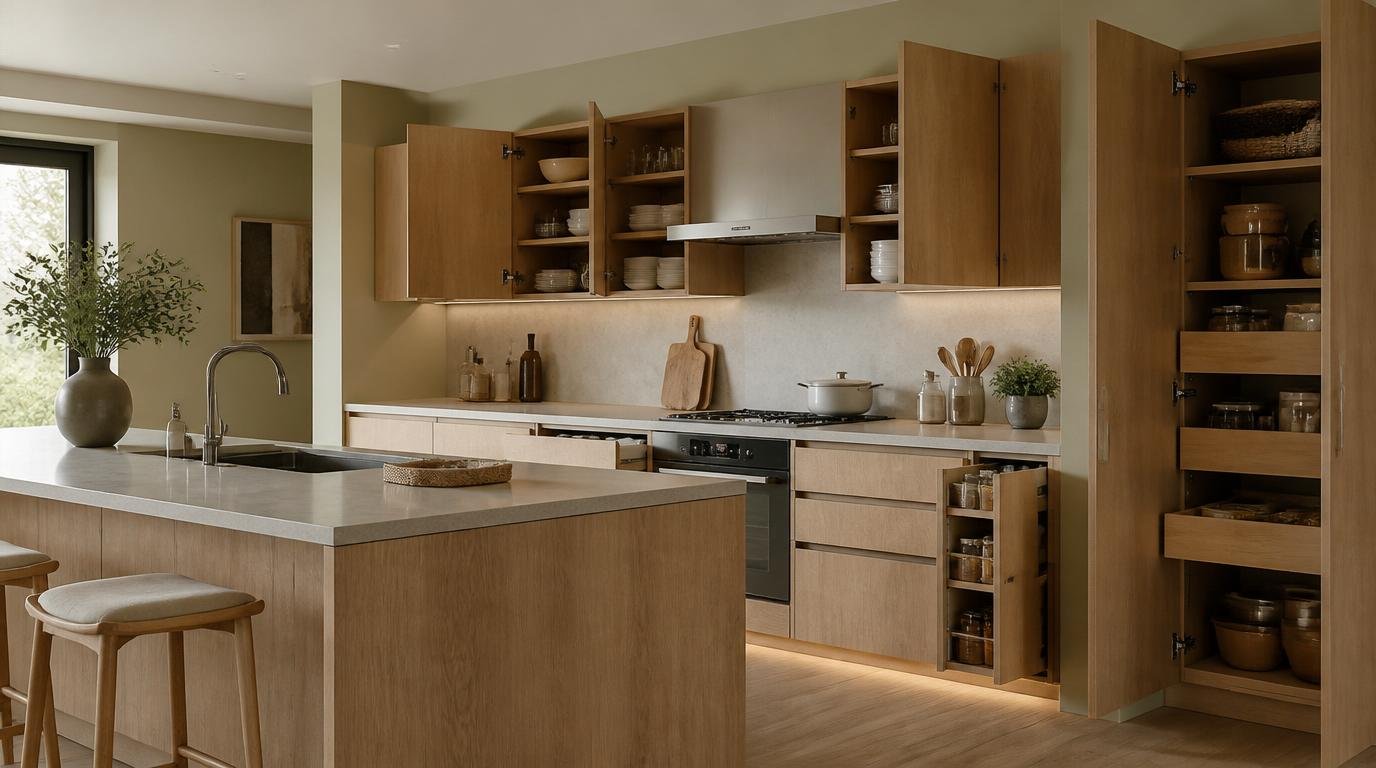 An organized and efficient kitchen with a Japandi-inspired aesthetic. A sleek, minimalist shelving system with clean lines and natural wood tones dominates the foreground, showcasing an artful arrangement of cookware, spices, and jars. The middle ground features streamlined cabinets and drawers, their fronts seamlessly integrated into the overall design. Soft, diffused lighting from above casts a warm, Scandinavian glow, complementing the neutral color palette and highlighting the tactile textures of the materials. The background blends effortlessly, creating a sense of balance and harmony, reflecting the Nordic-inspired, functional approach to kitchen organization. How to Organize Kitchen Cabinets for Easy Access and Efficiency by Dwell Studio 24