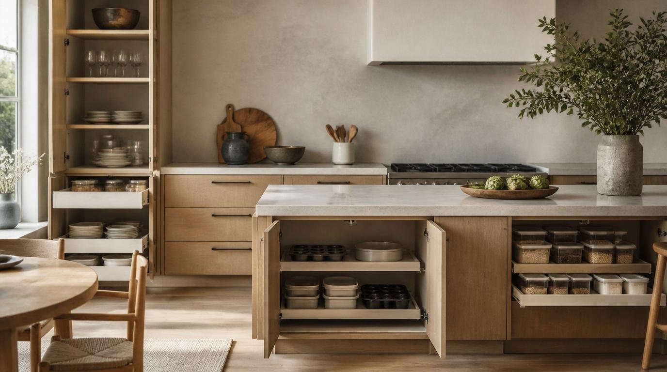 Japandi-inspired kitchen with ample wooden cabinetry, minimalist design, and clean lines. The camera angle captures a frontal view of the cabinets, showcasing their construction, hardware, and overall condition. Soft, natural lighting filters through a nearby window, casting a warm, inviting glow. The scene conveys a sense of simplicity, functionality, and Scandinavian/Nordic aesthetic. The cabinets are the focal point, allowing the viewer to assess their storage capacity, organization, and potential areas for improvement. How to Organize Kitchen Cabinets for Easy Access and Efficiency by Dwell Studio 24