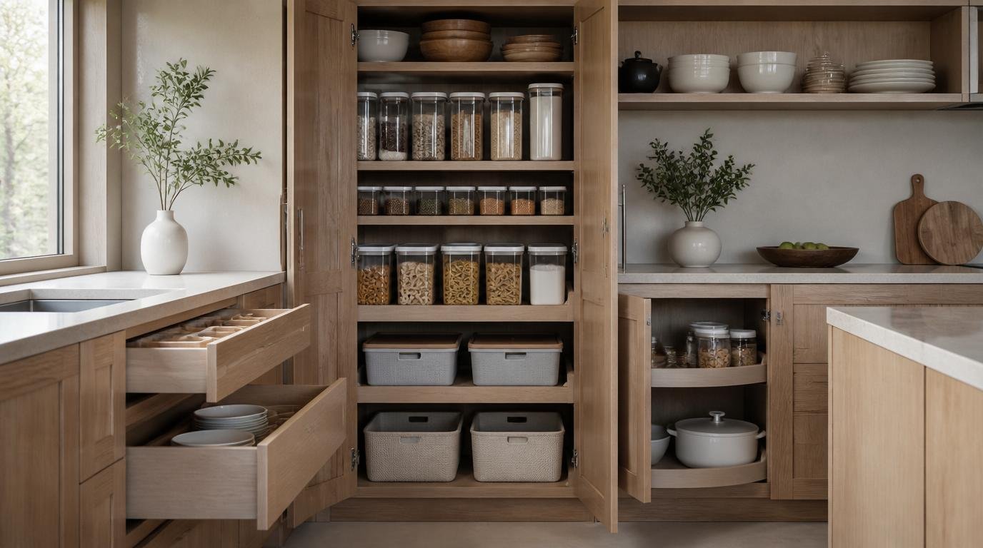 A well-organized kitchen cabinet, illuminated by soft, natural lighting, showcasing an array of sleek, minimalist organization tools. In the foreground, a collection of stackable, modular containers, label holders, and dividers in muted, earthy tones blend seamlessly with the Japandi-inspired, scandinavian-influenced design. The middle ground features a lazy susan turntable, a pull-out spice rack, and a tiered shelf system, all crafted from natural materials like bamboo or oak, complementing the Nordic-inspired aesthetic. In the background, a glimpse of the cabinet's interior reveals a harmonious balance of open and closed storage solutions, creating a sense of order and efficiency. How to Organize Kitchen Cabinets for Easy Access and Efficiency by Dwell Studio 24