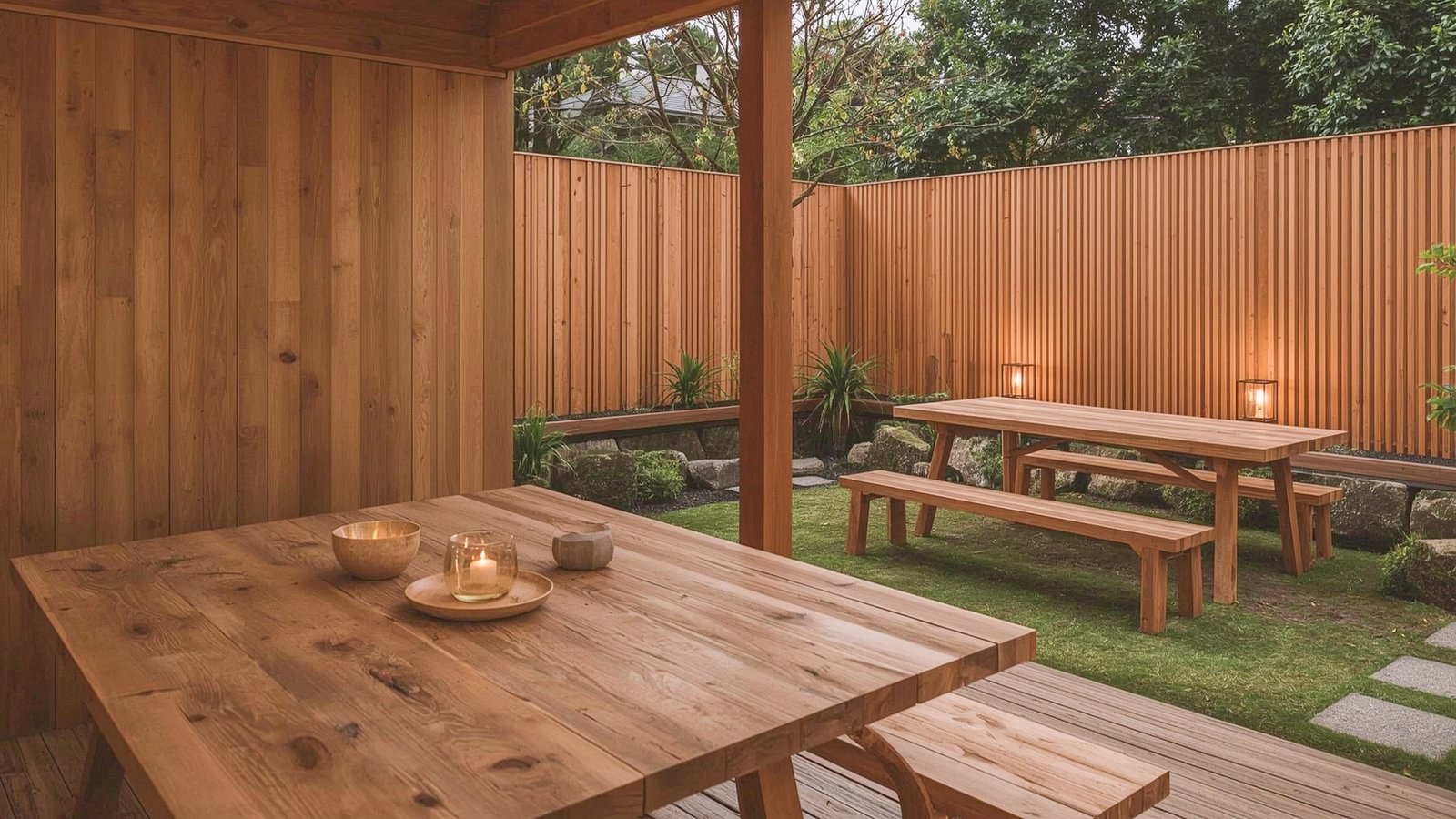 A serene outdoor dining area, surrounded by natural textures and materials. In the foreground, a weathered wooden table and benches, their surfaces smoothed by time. Scattered across the table, an assortment of natural elements - woven rattan placemats, linen napkins, and tactile ceramic dishware. In the middle ground, a backdrop of lush greenery - tall grasses, leafy potted plants, and a woven wicker screen providing a natural privacy barrier. Overhead, a canopy of woven bamboo casts a warm, dappled light, creating a cozy, Japandi-inspired ambiance. The overall scene exudes a sense of rustic elegance, with a focus on natural materials and minimalist Scandinavian design.