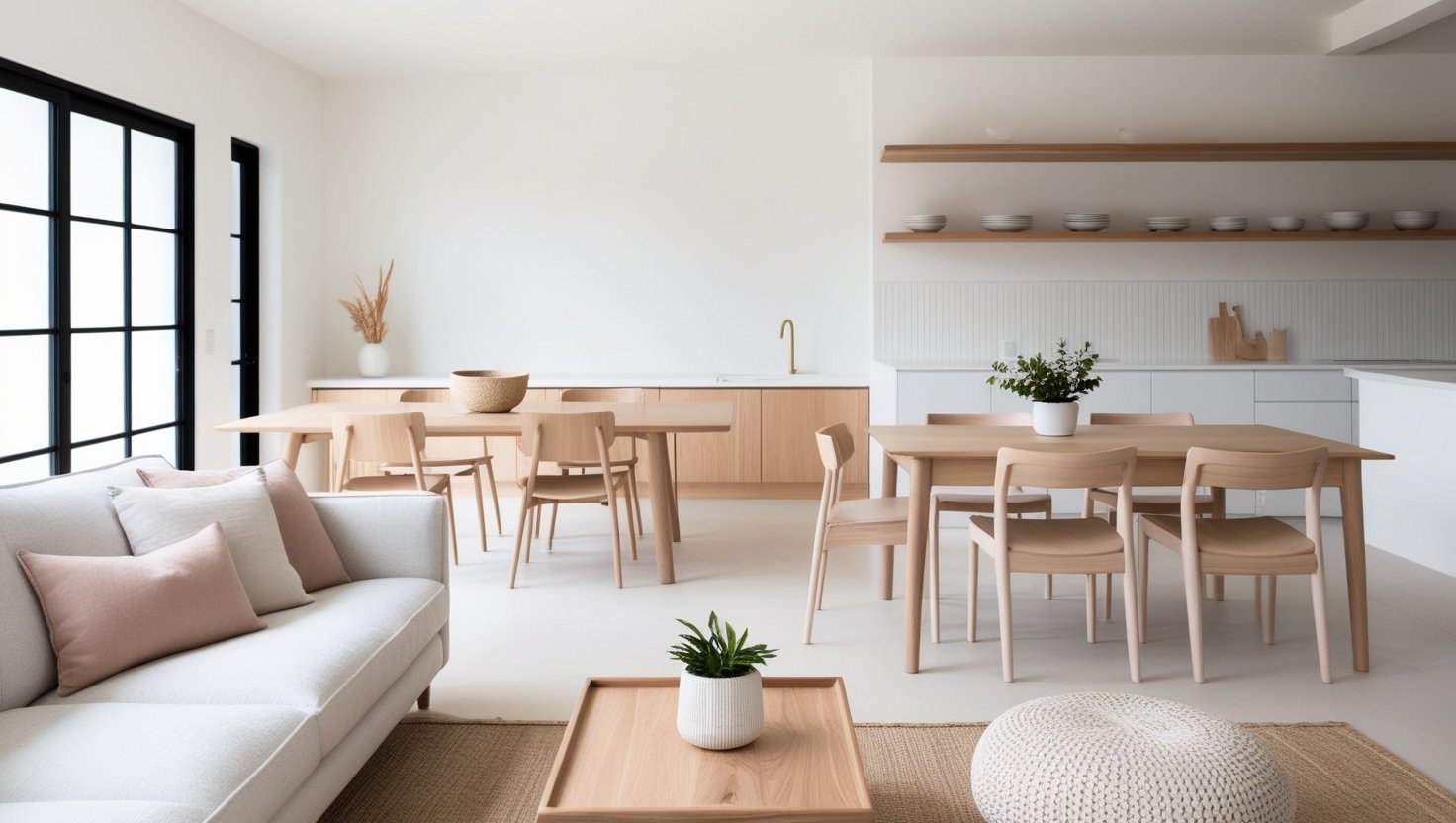 A contemporary organic style furniture scene, featuring sleek, minimalist Scandinavian and Nordic-inspired designs. In the foreground, a stylish mid-century modern armchair with a natural wood frame and plush, earthy-toned upholstery. Behind it, a low-profile sofa with clean lines and organic curves, complemented by a woven area rug in muted tones. In the background, a large window lets in warm, diffused natural light, casting a soft glow over the space. Subtle textures and natural materials, such as wood, rattan, and linen, create a tranquil, harmonious atmosphere, embodying the Japandi aesthetic. Japandi Organic Modern Interior Design and Decor