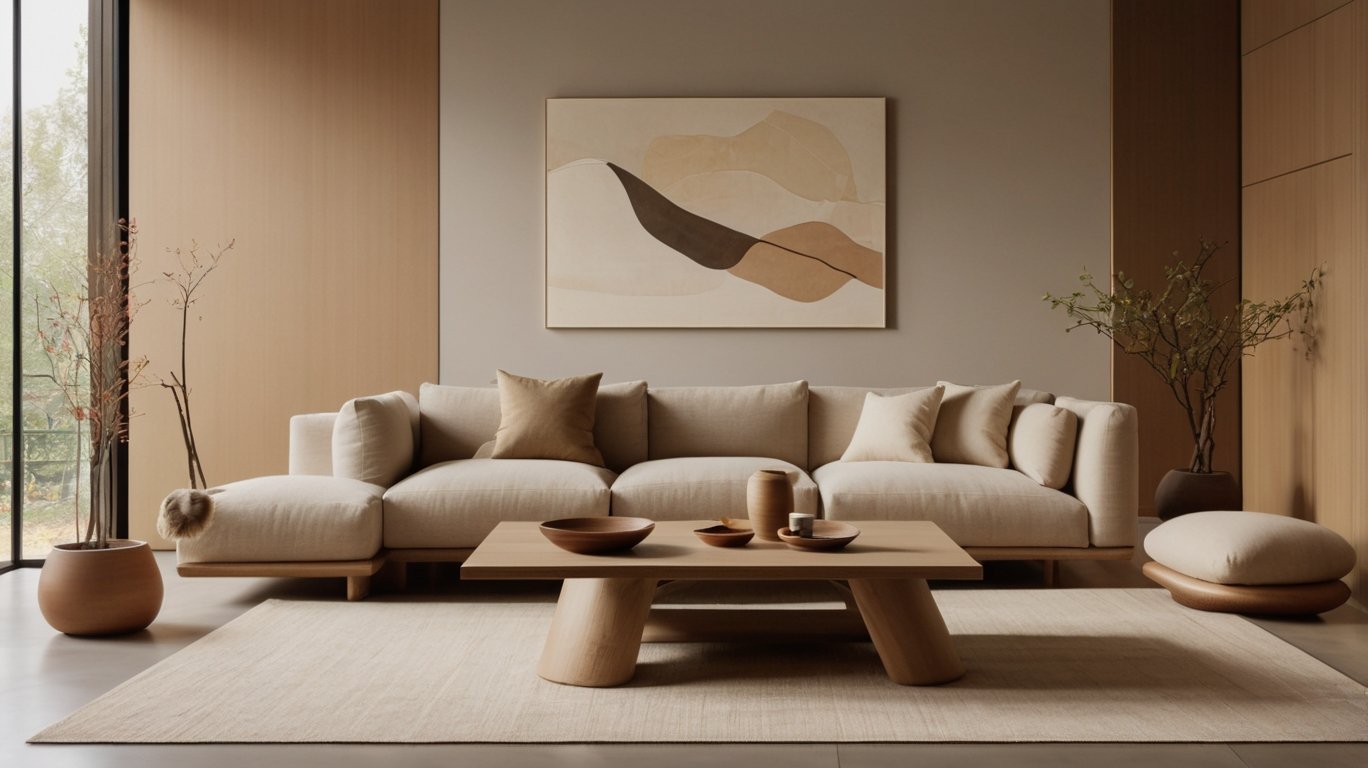 A tranquil Japandi-inspired color palette unfolds before us, a harmonious blend of earthy hues and organic textures. In the foreground, a handcrafted ceramic vase in a soft clay tone rests atop a minimalist wooden side table, its simple elegance radiating a sense of calm. The middle ground showcases a plush, neutral-toned sofa, its clean lines and soft upholstery embodying the Scandinavian design aesthetic. In the background, a wall of large windows allows natural light to flood the space, casting a warm, diffused glow and accentuating the muted tones of the palette. The overall scene exudes a serene, calming atmosphere, inviting us to immerse ourselves in the timeless beauty of Japandi Organic Modernism.