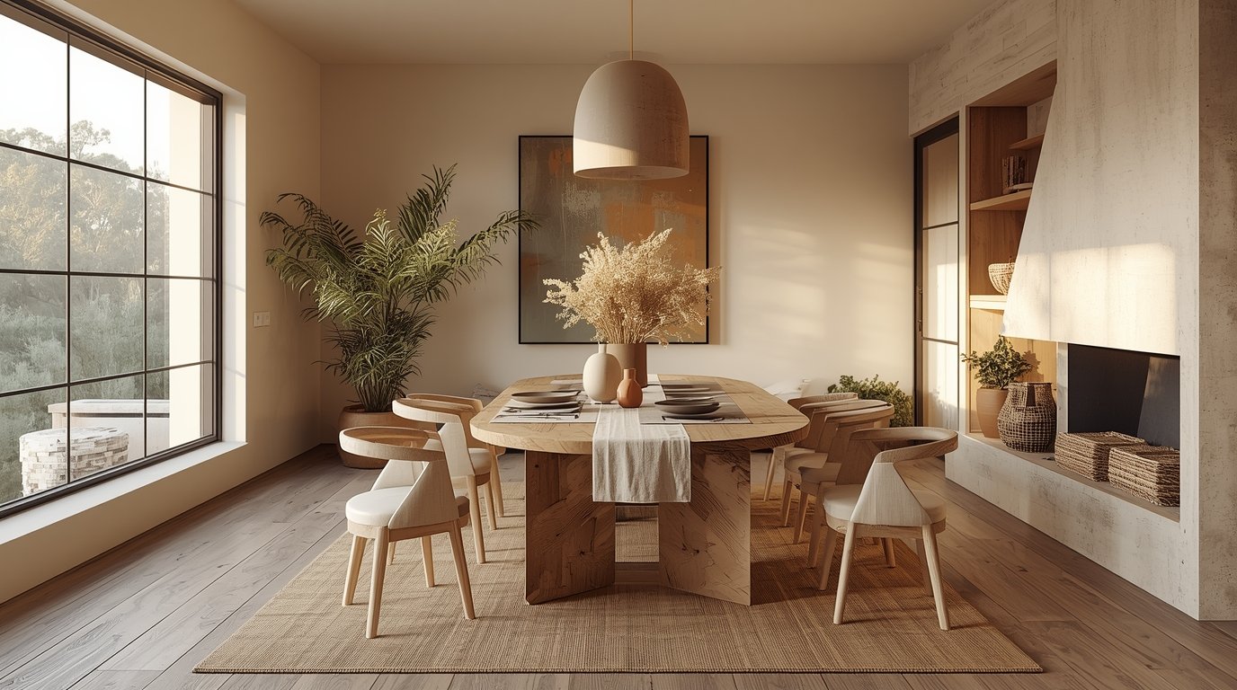 A cozy Japandi-inspired living room with a minimalist, organic aesthetic. Mid-century modern furnishings in natural wood tones, a plush rug, and large windows that flood the space with warm, diffused lighting. Potted plants and a simple, sculptural fireplace create a serene, harmonious atmosphere. The room's clean lines and neutral palette evoke a sense of Scandinavian simplicity, while the use of natural materials like rattan and linen add a touch of Japanese wabi-sabi. An inviting, zen-like oasis that seamlessly blends East and West design philosophies. Cozy Japandi Organic Modern Interior Design and Decor: Timeless, Natural style