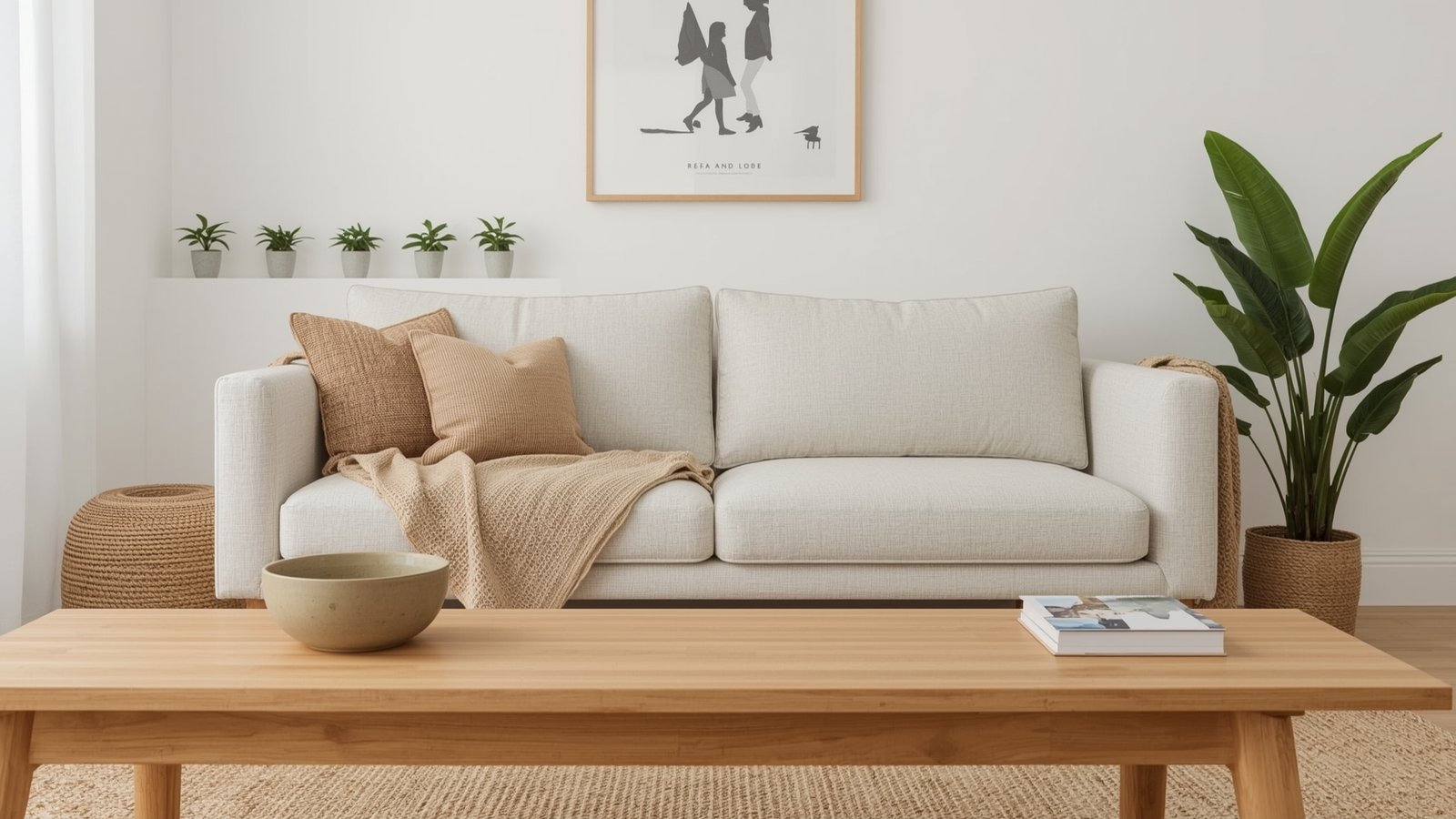 A cozy Japandi-inspired minimalist living room with dwellstudio24 furnishings. Pale wooden floors and neutral walls create a serene, airy atmosphere. A plush off-white sofa sits in the foreground, accented by a charcoal gray armchair and a natural fiber area rug. Subtle pops of greenery and a single abstract artwork on the wall add personal touches. Soft, diffused lighting from a sleek pendant lamp casts a warm, intimate glow. The overall effect is a harmonious, inviting space that encourages relaxation and quiet contemplation.
