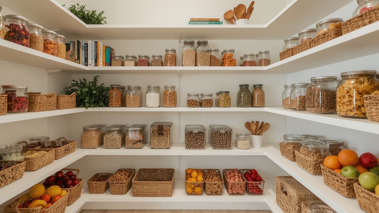 A bright, airy kitchen with Japandi-inspired shelves. Neatly organized jars, canisters, and boxes line the minimalist, wooden shelves. Soft, natural light filters in through large windows, casting a warm glow on the tidy pantry. The shelves are arranged with symmetry and care, conveying a sense of order and simplicity. Glass containers showcase the contents within, while muted colors and clean lines create a serene, Scandinavian atmosphere. The overall scene exudes a feeling of tranquility and efficiency, perfectly capturing the essence of an organized pantry. Easy Kitchen Pantry Storage Ideas