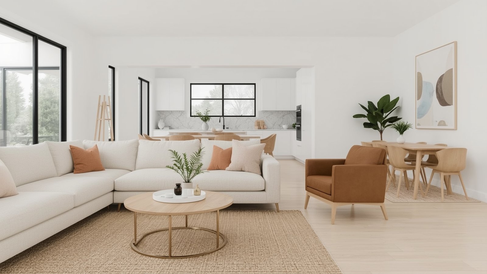 A modern, minimalist Japandi-inspired interior with natural, eco-friendly materials in a warm, inviting atmosphere. A well-lit room showcases a rustic wooden coffee table surrounded by plush, neutral-toned seating. Soft, diffused lighting filters through large windows, casting a cozy glow on the space. Accent pieces like a woven plant holder and bamboo decor elements blend seamlessly with the Scandinavian-inspired design. The overall mood is one of understated elegance and a budget-friendly approach to organic modernism. Japandi Organic Modern Interior Design and Decor
