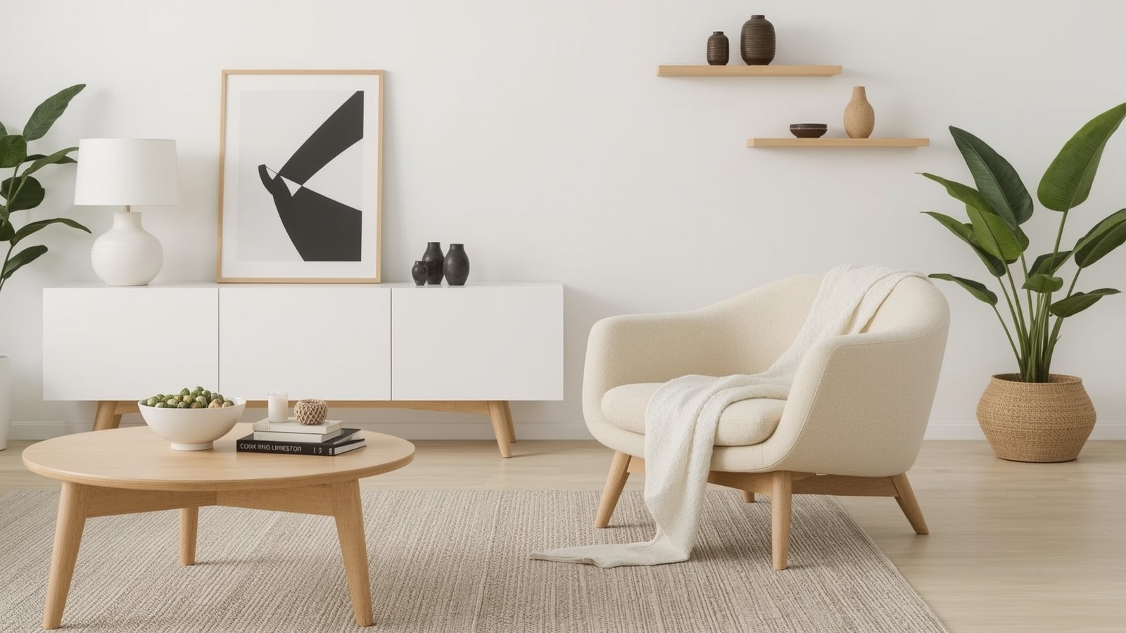 A peaceful, sun-drenched scene of a Japandi-inspired living room, featuring a minimalist, Scandinavian-style sofa crafted from natural materials. The couch is flanked by a pair of elegant, angular wooden side tables, their surfaces adorned with potted plants and a simple, organic-shaped vase. The room is bathed in warm, diffused lighting, creating a serene and inviting atmosphere. In the background, a large window overlooks a lush, verdant landscape, blending the indoor and outdoor spaces seamlessly. The overall composition conveys a sense of harmony, simplicity, and a deep connection to nature - the heart of Japandi organic modernism.