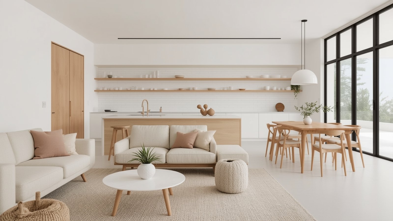 A cozy and inviting Japandi-inspired living room flooded with natural light. In the foreground, a plush, neutral-toned sofa accented with organic textures and minimalist, Scandinavian-inspired decor. The middle ground features a low, wooden coffee table surrounded by sculptural, natural-fiber ottomans. The background showcases large windows framing a lush, verdant outdoor view, creating a seamless indoor-outdoor flow. Warm, diffused lighting sets a serene, Nordic-inspired mood, while clean lines and a muted color palette evoke a sense of modern simplicity and tranquility.