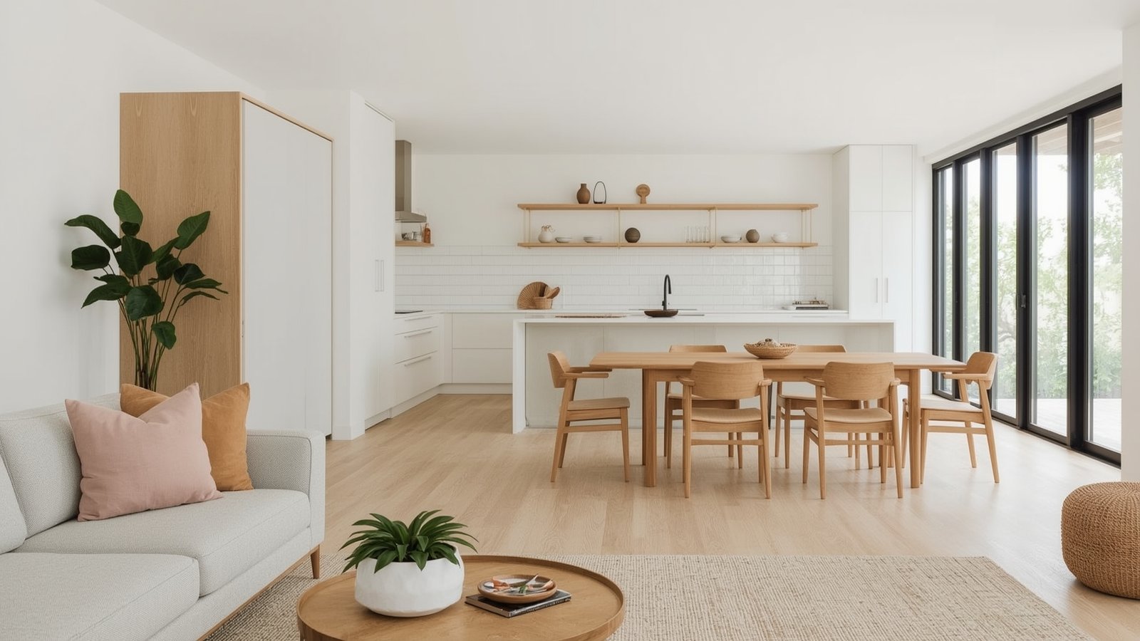 A sun-dappled modern living room in Japandi style, showcasing sustainable design principles. The room features a minimalist layout with clean lines, natural materials like wood, stone, and linen textiles. A large window floods the space with warm, diffused lighting, casting a serene glow. In the foreground, a modular sofa in earthy tones sits atop a woven area rug. Potted plants and a sculptural wooden coffee table add organic touches. The middle ground reveals a built-in bookshelf displaying curated decor pieces. The background frames a panoramic view of a verdant, landscaped garden, blending the indoors and outdoors seamlessly. An atmosphere of tranquility and environmental consciousness pervades the scene. Japandi Organic Modern Interior Design and Decor