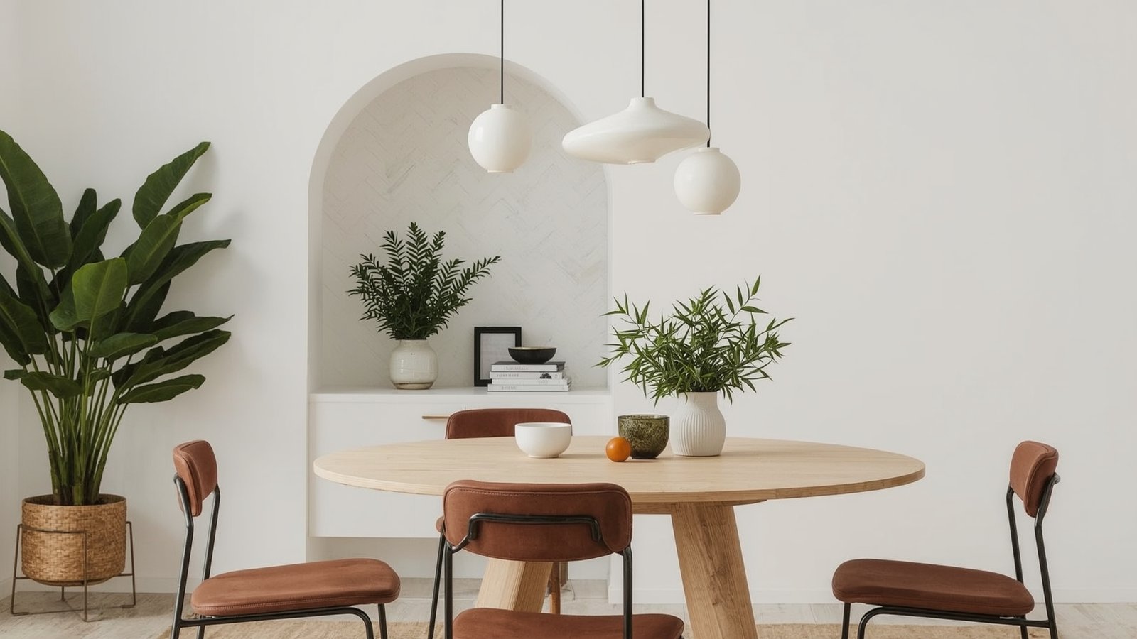 Lighting modern spaces: a dwellstudio24 showcase. A minimalist Japandi living room, radiant with clean lines and gentle illumination. Geometric pendant lamps cast a soft glow, complementing the Scandinavian-inspired furnishings. Diffused light filters through large windows, casting a serene, Nordic-style ambiance. The room's sleek, uncluttered design is accentuated by strategic lighting, creating an atmosphere of chic comfort and tranquility. Japandi Chic: Cozy Modern Decor for Small Apartments