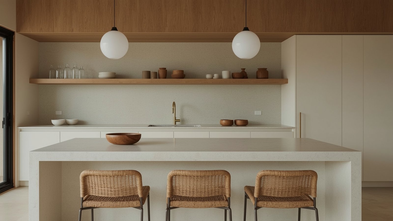 A serene and harmonious Japandi-inspired interior, bathed in natural light from floor-to-ceiling windows. A minimalist, Scandinavian-influenced layout with clean lines and organic textures. A muted color palette of whites, grays, and warm wood tones, complemented by lush, verdant plants. A mid-century modern sofa and armchair sit atop a plush, neutral-toned rug, creating a cozy yet refined living space. Gentle shadows and a soft, diffused lighting scheme evoke a calming, serene atmosphere. The space exudes a sense of balance, simplicity, and connection to nature, embodying the essence of Japandi Organic Modernism.