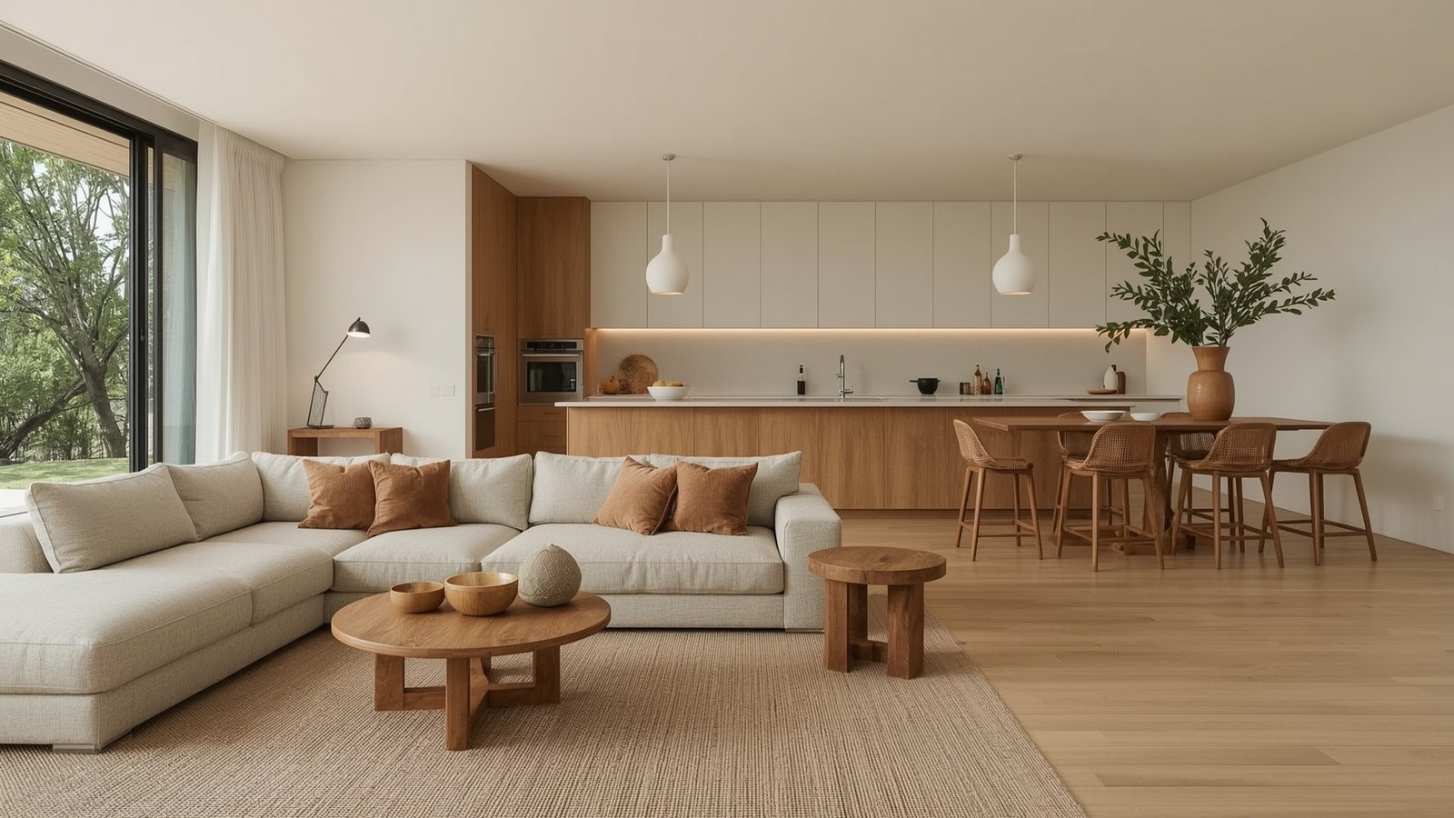 A cozy Japandi-inspired living room with a minimalist, organic aesthetic. Mid-century modern furnishings in natural wood tones, a plush rug, and large windows that flood the space with warm, diffused lighting. Potted plants and a simple, sculptural fireplace create a serene, harmonious atmosphere. The room's clean lines and neutral palette evoke a sense of Scandinavian simplicity, while the use of natural materials like rattan and linen add a touch of Japanese wabi-sabi. An inviting, zen-like oasis that seamlessly blends East and West design philosophies.
