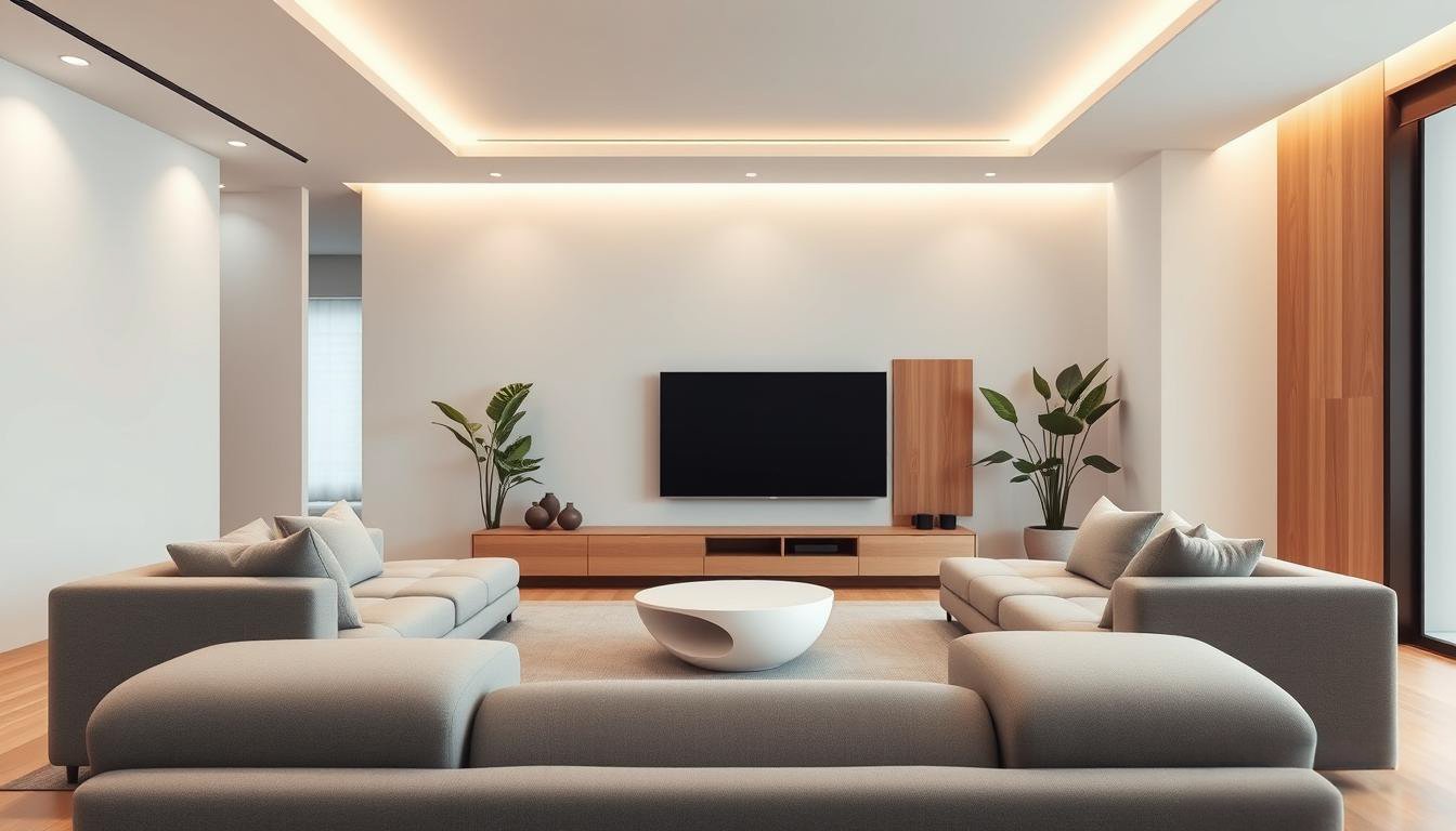 A modern, minimalist living room with Japandi-inspired decor. In the foreground, a low-profile, modular sofa with clean lines and muted upholstery. On the wall, a sleek, floating entertainment unit in warm-toned wood. In the middle, a sculptural coffee table with a smooth, organic shape. Soft, diffused lighting from recessed ceiling fixtures and a large window, casting a cozy glow. The background features a simple, neutral-toned rug and potted plants, adding pops of greenery. This tranquil scene reflects the "dwellstudio24" brand's commitment to functional, aesthetically-pleasing home furnishings.