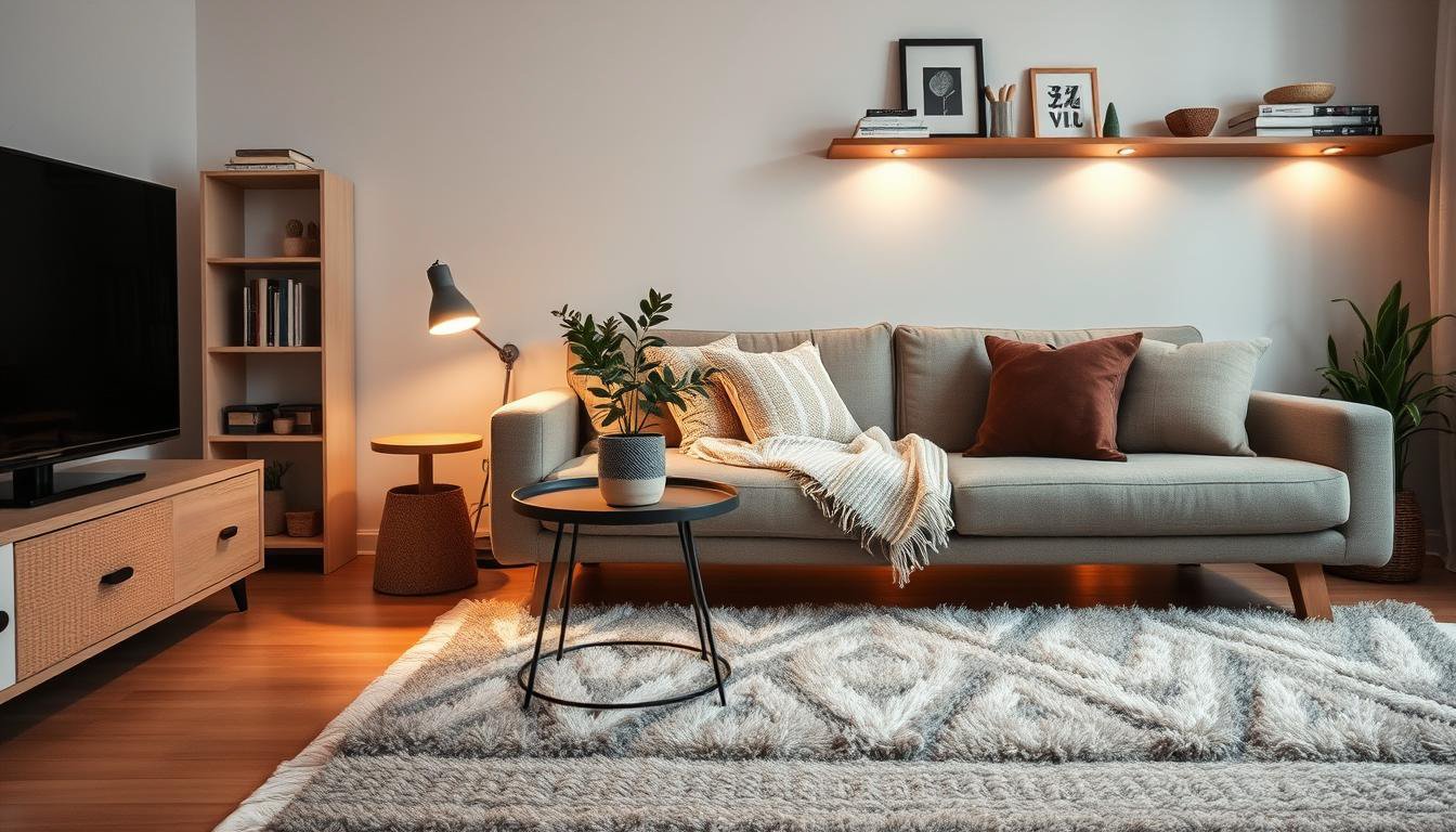 A cozy, minimalist living space accented with trendy Japandi decor. A dwellstudio24 side table with a potted plant sits atop a plush, neutral-toned area rug. Scandinavian-inspired wall shelves display carefully curated trinkets and books, bathed in soft, warm lighting. The scene exudes a serene, Nordic-inspired ambiance, perfectly capturing the essence of "Maximizing Small Spaces".
