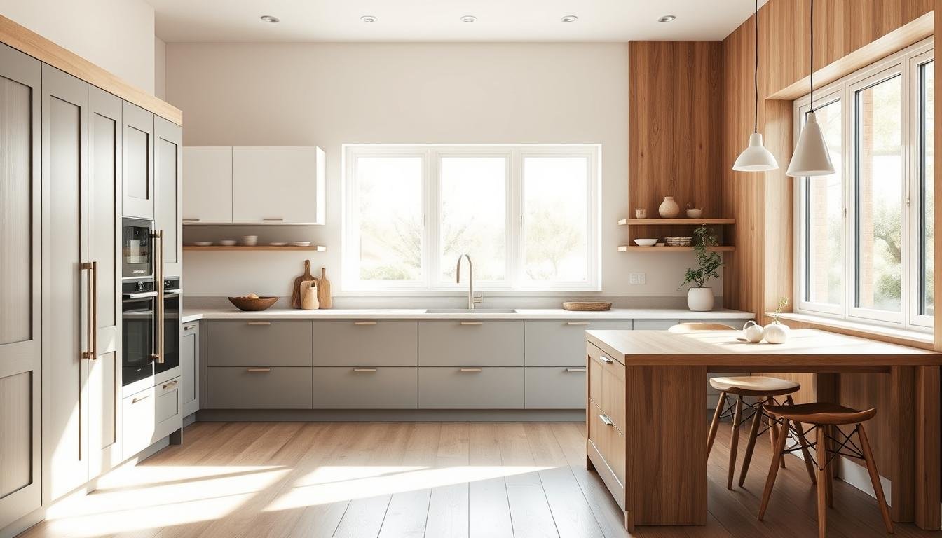 A bright, airy kitchen with a harmonious blend of light and dark wood tones. In the foreground, sleek two-tone cabinets in a muted gray and crisp white create a visually striking contrast, their clean lines and minimalist design lending an air of Scandinavian sophistication. The middle ground showcases a spacious countertop, its neutral tone complementing the cabinetry and providing a seamless, serene backdrop. Soft, natural lighting filters in through large windows, casting a warm, inviting glow and emphasizing the kitchen's Japandi-inspired aesthetic. The overall atmosphere is one of calm, modern elegance, perfectly suited for the "Strategic Placement" section of the article. A bright, airy kitchen with a harmonious blend of light and dark wood tones. In the foreground, sleek two-tone cabinets in a muted gray and crisp white create a visually striking contrast, their clean lines and minimalist design lending an air of Scandinavian sophistication. The middle ground showcases a spacious countertop, its neutral tone complementing the cabinetry and providing a seamless, serene backdrop. Soft, natural lighting filters in through large windows, casting a warm, inviting glow and emphasizing the kitchen's Japandi-inspired aesthetic. The overall atmosphere is one of calm, modern elegance, perfectly suited for the "Strategic Placement" section of the article.