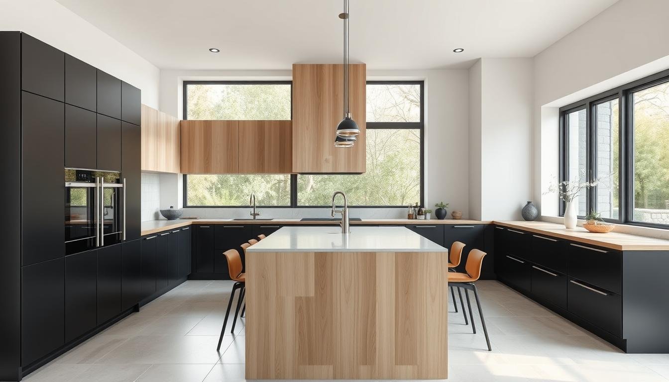 A light-filled, modern Japandi-inspired kitchen with two-tone cabinetry. In the foreground, matte black lower cabinets contrast with sleek, light wood upper cabinets. The middle ground features a large, minimalist kitchen island with a neutral, stone-like countertop. In the background, large windows allow natural light to flood the space, creating a serene, Scandinavian ambiance. The kitchen's clean lines, neutral palette, and blend of natural materials evoke a calm, serene, and sophisticated atmosphere. A high-resolution, photorealistic image captured with a wide-angle lens to showcase the full kitchen transformation. A light-filled, modern Japandi-inspired kitchen with two-tone cabinetry. In the foreground, matte black lower cabinets contrast with sleek, light wood upper cabinets. The middle ground features a large, minimalist kitchen island with a neutral, stone-like countertop. In the background, large windows allow natural light to flood the space, creating a serene, Scandinavian ambiance. The kitchen's clean lines, neutral palette, and blend of natural materials evoke a calm, serene, and sophisticated atmosphere. A high-resolution, photorealistic image captured with a wide-angle lens to showcase the full kitchen transformation.