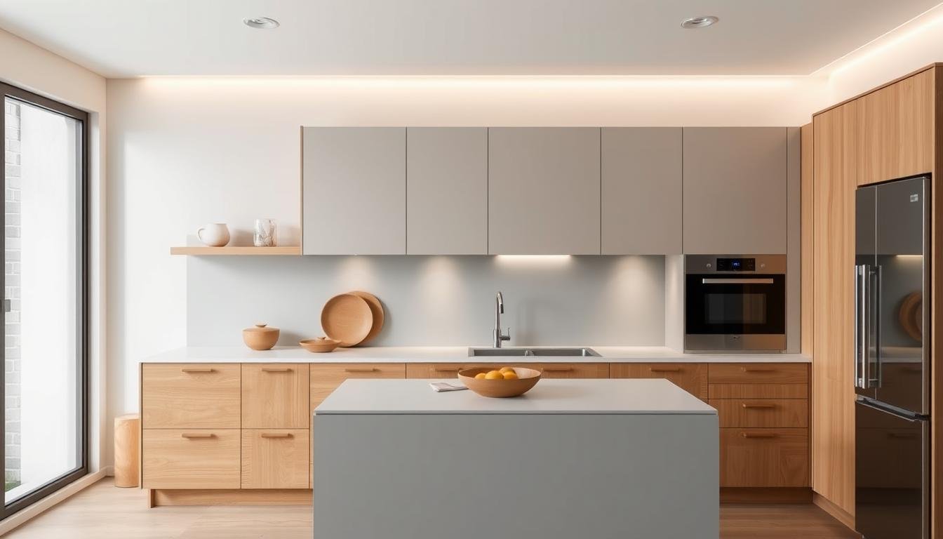 A modern, minimalist kitchen showcases two-tone cabinetry in neutral shades. The upper cabinets are painted in a soft, muted gray, while the lower cabinets feature a warm, natural wood tone. Soft, indirect lighting creates a serene, Japandi-inspired ambiance, highlighting the clean lines and simple, Scandinavian-influenced design. Wooden accents, such as floating shelves and a sleek, minimalist island, complement the color palette, resulting in a calming, cohesive space that embodies the essence of bold yet neutral two-tone kitchen cabinet ideas. A modern, minimalist kitchen showcases two-tone cabinetry in neutral shades. The upper cabinets are painted in a soft, muted gray, while the lower cabinets feature a warm, natural wood tone. Soft, indirect lighting creates a serene, Japandi-inspired ambiance, highlighting the clean lines and simple, Scandinavian-influenced design. Wooden accents, such as floating shelves and a sleek, minimalist island, complement the color palette, resulting in a calming, cohesive space that embodies the essence of bold yet neutral two-tone kitchen cabinet ideas.