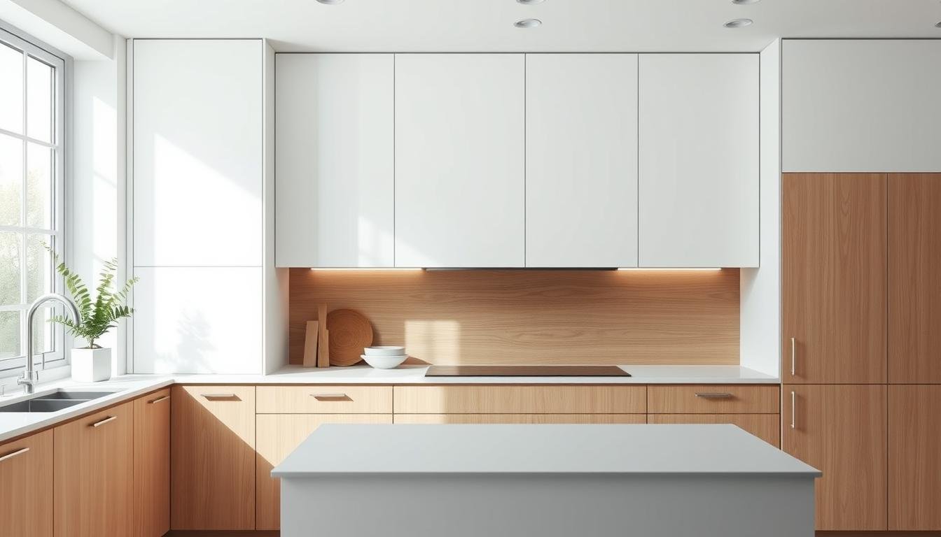 Minimalist two-tone kitchen cabinets in a Japandi-inspired interior. Soft white upper cabinets and warm oak lower cabinets create a serene, calming aesthetic. Diffused natural light filters through large windows, accentuating the clean lines and muted tones. The sleek silhouettes and subtle textures evoke a Scandinavian sensibility. Carefully curated decor elements, such as a potted plant and simple metal hardware, enhance the modern, Nordic-inspired ambiance. The overall composition radiates a sense of balance, tranquility, and refined elegance. Minimalist two-tone kitchen cabinets in a Japandi-inspired interior. Soft white upper cabinets and warm oak lower cabinets create a serene, calming aesthetic. Diffused natural light filters through large windows, accentuating the clean lines and muted tones. The sleek silhouettes and subtle textures evoke a Scandinavian sensibility. Carefully curated decor elements, such as a potted plant and simple metal hardware, enhance the modern, Nordic-inspired ambiance. The overall composition radiates a sense of balance, tranquility, and refined elegance.