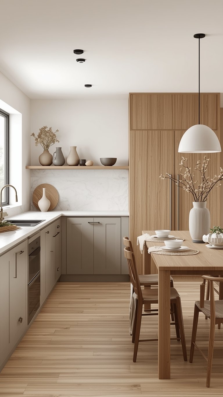 Photorealistic minimalist Japandi kitchen — elevated diagonal view, calm muted color story: antique white walls, muted dusty blue‑grey lowers, light oak open shelving and warm wood floors. Hardware: tasteful mixed‑metals — thin brass cup pulls combined with slim nickel pulls on larger doors, consistent pull style to maintain cohesion. Feature: curved island or rounded countertop corners, long marble slab floating shelf spanning continuous slab backsplash, hidden pantry. Styling: travertine tray with dried blooms, potted eucalyptus, rounded ceramic vases and wool accessory; layered ambient + task lighting to highlight finishes. Photorealistic, focus on subtle mixed‑metal accents within a serene Japandi composition, tactile layered styling, muted palette, no people, no text, no logos, no watermarks.