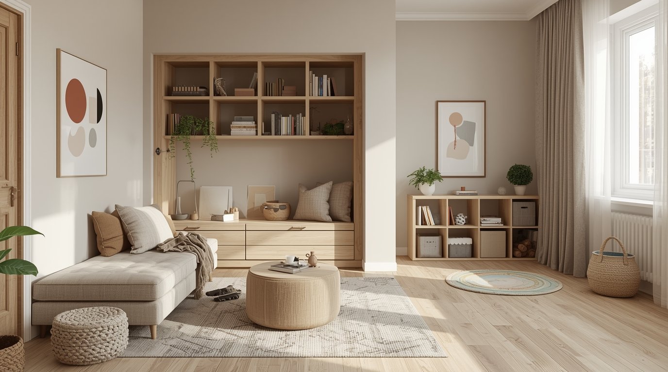 A cozy Japandi-inspired family zone with seamless work-play integration. The scene features a minimalist, light-filled interior with clean lines and neutral tones. In the foreground, a dwellstudio24 standing desk with a sleek laptop setup blends effortlessly into the space. Beyond, a plush sectional sofa and low coffee table create an inviting lounge area, complemented by warm wood accents and a potted plant. Diffused natural light filters in through large windows, casting a soft, calming glow throughout the room. The atmosphere exudes a sense of balance, functionality, and mindful living. Japandi Family Room Design Tips for Calm Togetherness
