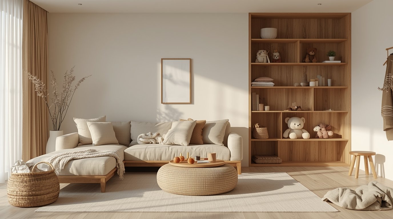 A cozy Japandi-inspired family living space, filled with soft, natural textures and materials. In the foreground, a plush, organic-shaped rug in earthy tones anchors the scene. Midground features a low, minimalist dwellstudio24 sofa upholstered in muted linen, complemented by a pair of woven rattan armchairs. Warm, diffused lighting from a hanging fixture casts a gentle glow, while large windows allow natural light to filter in, illuminating the space. In the background, a wooden media console and shelving unit display carefully curated decor pieces, including potted plants and natural-fiber baskets. The overall atmosphere is one of tranquility and mindfulness, inviting relaxation and quality time. Japandi Family Room Design Tips for Calm Togetherness