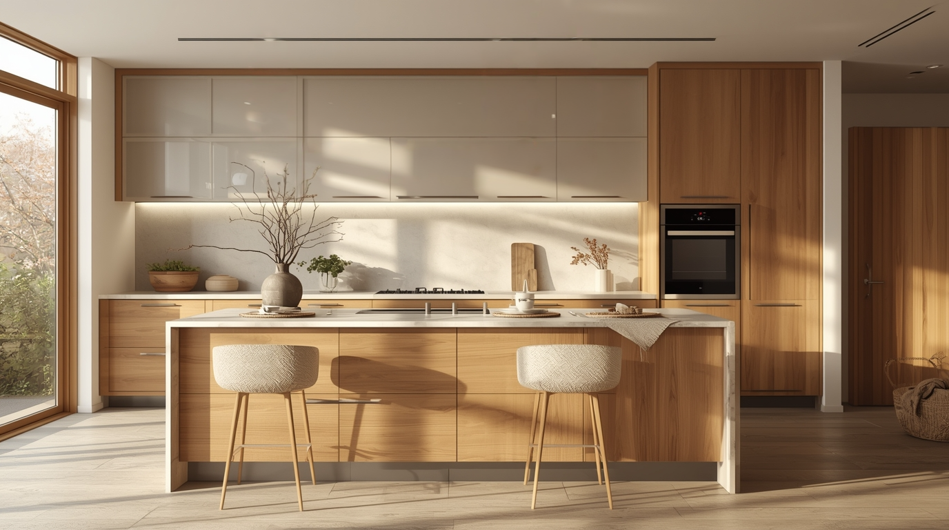 A modern kitchen interior with sleek, minimalist two-tone cabinetry in a Japandi-inspired style. The cabinets feature a combination of warm, natural wood tones and crisp, muted neutrals, creating a serene and calming atmosphere. The lighting is soft and diffused, casting a gentle glow throughout the space. The countertops are made of a durable, sustainable material such as quartz or marble, seamlessly blending with the overall aesthetic. The backsplash is a simple, understated tile that complements the cabinet colors. The scene is captured from a slightly elevated angle, showcasing the clean lines and harmonious design elements of this modern, Scandinavian-influenced kitchen. Stunning Two Tone Kitchen Cabinet Color Combinations for a Calm, Contemporary Home