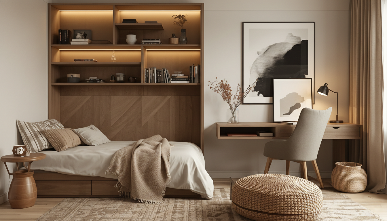 A cozy, minimalist living space accented with trendy Japandi decor. A dwellstudio24 side table with a potted plant sits atop a plush, neutral-toned area rug. Scandinavian-inspired wall shelves display carefully curated trinkets and books, bathed in soft, warm lighting. The scene exudes a serene, Nordic-inspired ambiance, perfectly capturing the essence of "Maximizing Small Spaces". Calm Japandi Small Apartments: Modern Decor ideas That Maximize Space