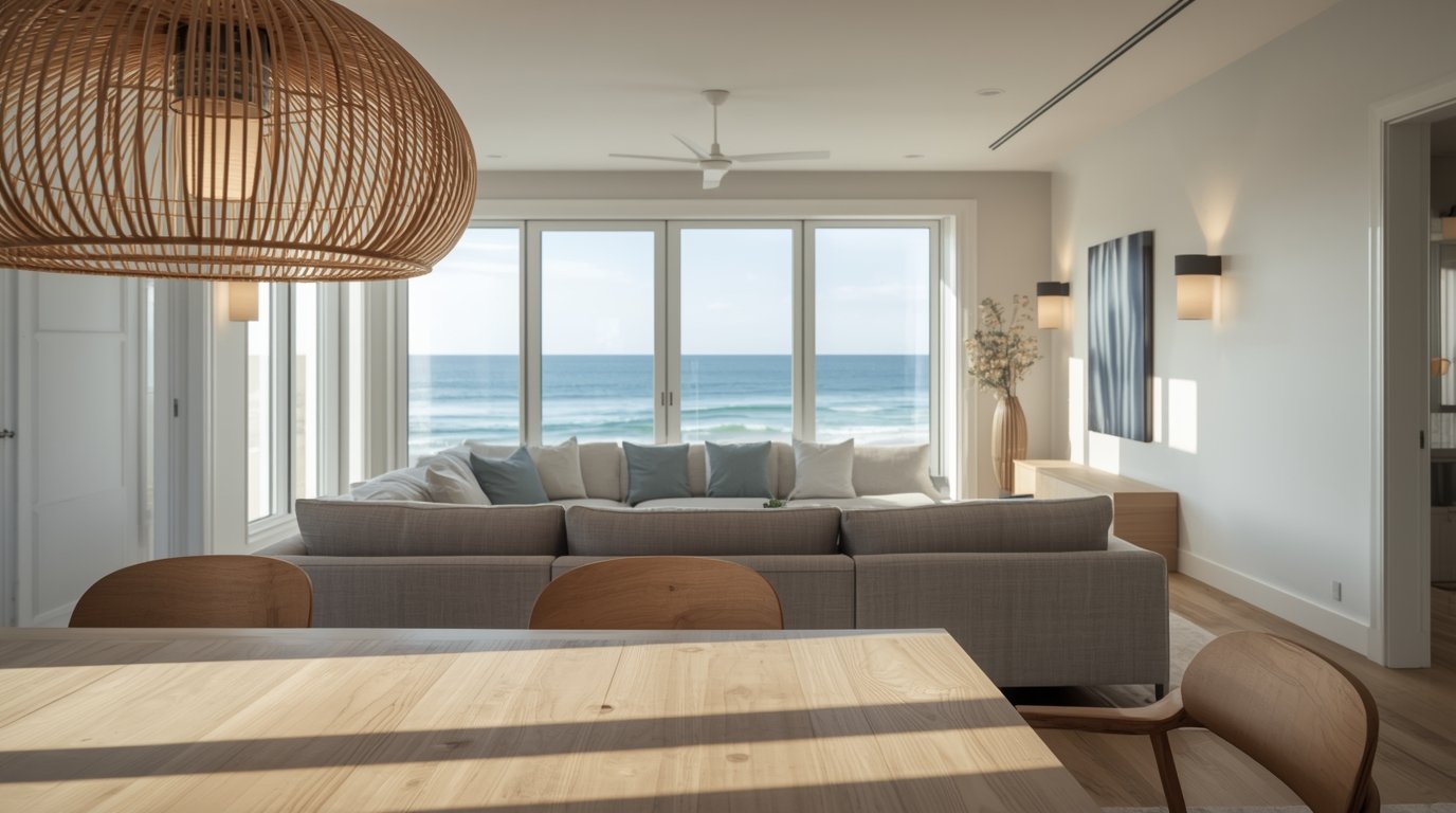 A serene, airy beach house interior featuring stunning coastal lighting fixtures. In the foreground, a minimalist wooden dining table is illuminated by a distinctive pendant light made of natural fibers, casting soft shadows. The middle ground showcases a beautifully styled living area with a plush, neutral-colored sofa and accent pillows in muted ocean hues. A pair of elegant sconces adorn the walls, offering a warm glow. In the background, large windows reveal breathtaking ocean views, allowing natural light to enhance the space. The atmosphere is tranquil and inviting, embodying Japandi style with Nordic simplicity. Use soft, diffused lighting to create a calm ambiance, capturing the essence of coastal decor. The image should have a balanced composition, seamlessly blending the indoor furnishings with the coastal backdrop. How to Turn Your Beach House to Dream Resort: Coastal Decor Ideas for Every Room