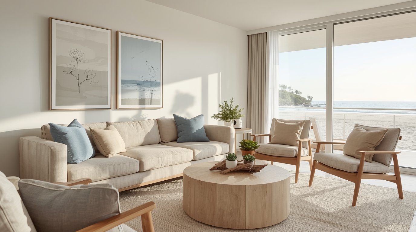 A serene coastal decor living room with a Japandi style influence, featuring minimalist Scandinavian furniture. In the foreground, a soft beige linen sofa with accent pillows in shades of ocean blue and sandy taupe. Set against the wall, elegant wall art depicting tranquil coastal landscapes and minimalist line drawings of marine life. The middle ground includes a light oak coffee table with a driftwood centerpiece and small potted succulents. In the background, large windows reveal a view of the beach, with natural light streaming in, casting a warm glow throughout the room. The atmosphere is calm and inviting, embodying a harmonious blend of coastal tranquility and modern simplicity. How to Turn Your Beach House to Dream Resort: Coastal Decor Ideas for Every Room