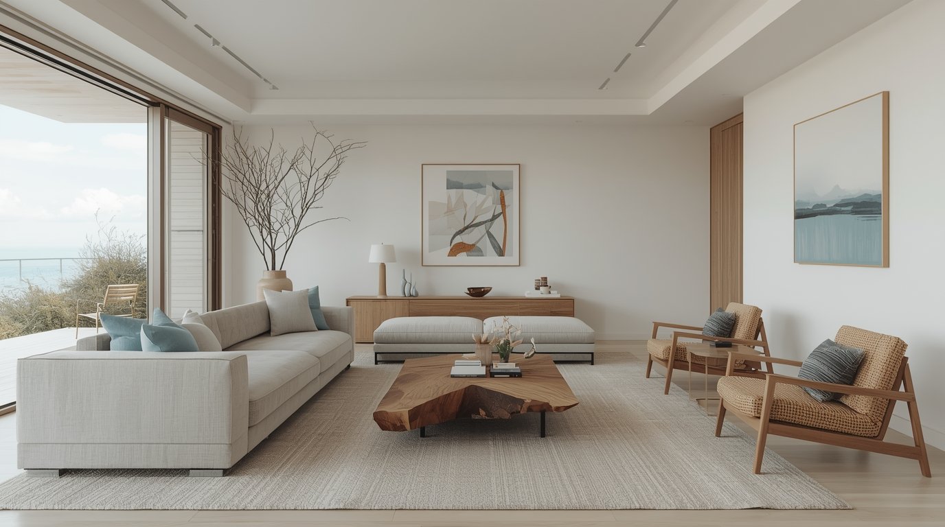 A beautifully styled beach house interior showcasing stunning decor accessories that embody Japandi and Scandinavian minimalist design. In the foreground, a stylish rattan coffee table adorned with a collection of coastal-themed books, a small potted succulent, and a simple ceramic vase filled with dried grasses. In the middle, a pastel-hued area rug complements a comfortable, light-colored sofa lined with textured throw pillows in soft blues and whites. Surrounding the space are subtle wall-mounted wooden shelves displaying sea glass and coastal art pieces, enhancing the beachy atmosphere. In the background, large windows invite natural light, revealing a glimpse of the ocean and lush greenery outside. Capture the inviting and serene mood of coastal living through soft lighting and a wide-angle lens. How to Turn Your Beach House to Dream Resort: Coastal Decor Ideas for Every Room