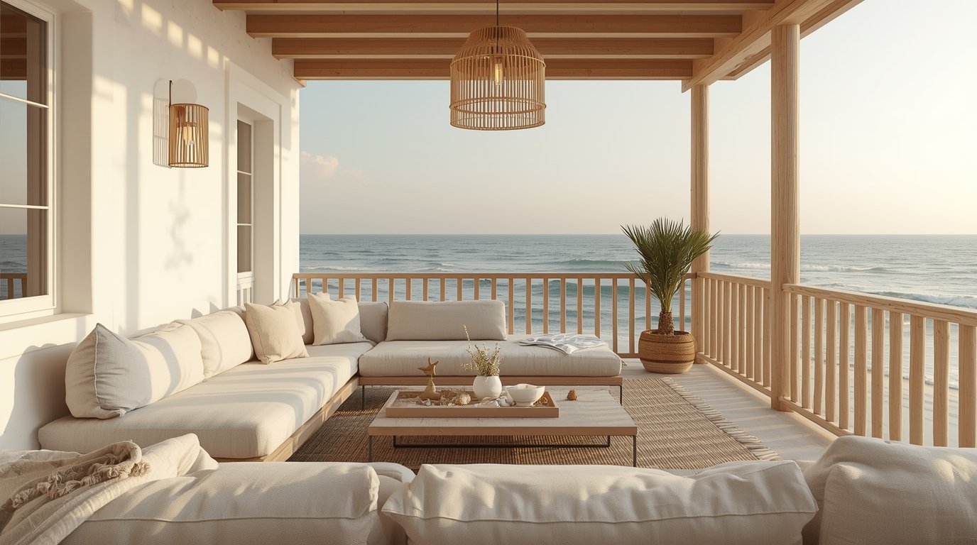 A beautifully decorated coastal porch that embodies Japandi style with a minimalist touch. In the foreground, soft, weather-resistant seating cushions in neutral tones are arranged around a low, rustic wooden coffee table adorned with seashells and coastal plants. The middle ground features hanging lanterns made from natural materials, casting a warm glow. A potted palm and cheerful beach-themed accents enhance the inviting atmosphere. In the background, the inviting ocean waves are visible, framed by light-colored wooden railings and whitewashed walls. The scene is bathed in the soft, golden light of sunset, creating a serene and tranquil ambiance perfect for relaxation and outdoor gatherings. Emphasize the subtle blend of Scandinavian and Nordic influences through clean lines and uncluttered surfaces. How to Turn Your Beach House to Dream Resort: Coastal Decor Ideas for Every Room