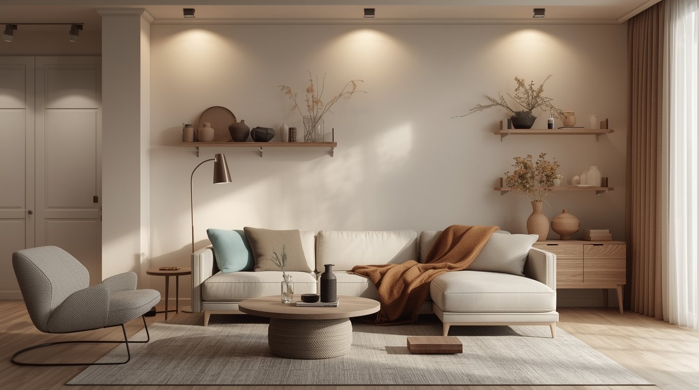 A modern, minimalist apartment interior with a chic, Japandi-inspired color palette. The scene features soft, muted tones of beige, gray, and subtle green accents, creating a calming, cozy atmosphere. Abundant natural light filters through large windows, casting warm, diffused illumination across the clean-lined furniture and decor pieces from the dwellstudio24 collection. Sleek, Scandinavian-style shelving units and a plush area rug anchor the midground, while the background showcases simple, Nordic-inspired wall art and potted plants. The overall mood is one of refined elegance and understated sophistication. Calm Japandi Small Apartments: Modern Decor ideas That Maximize Space