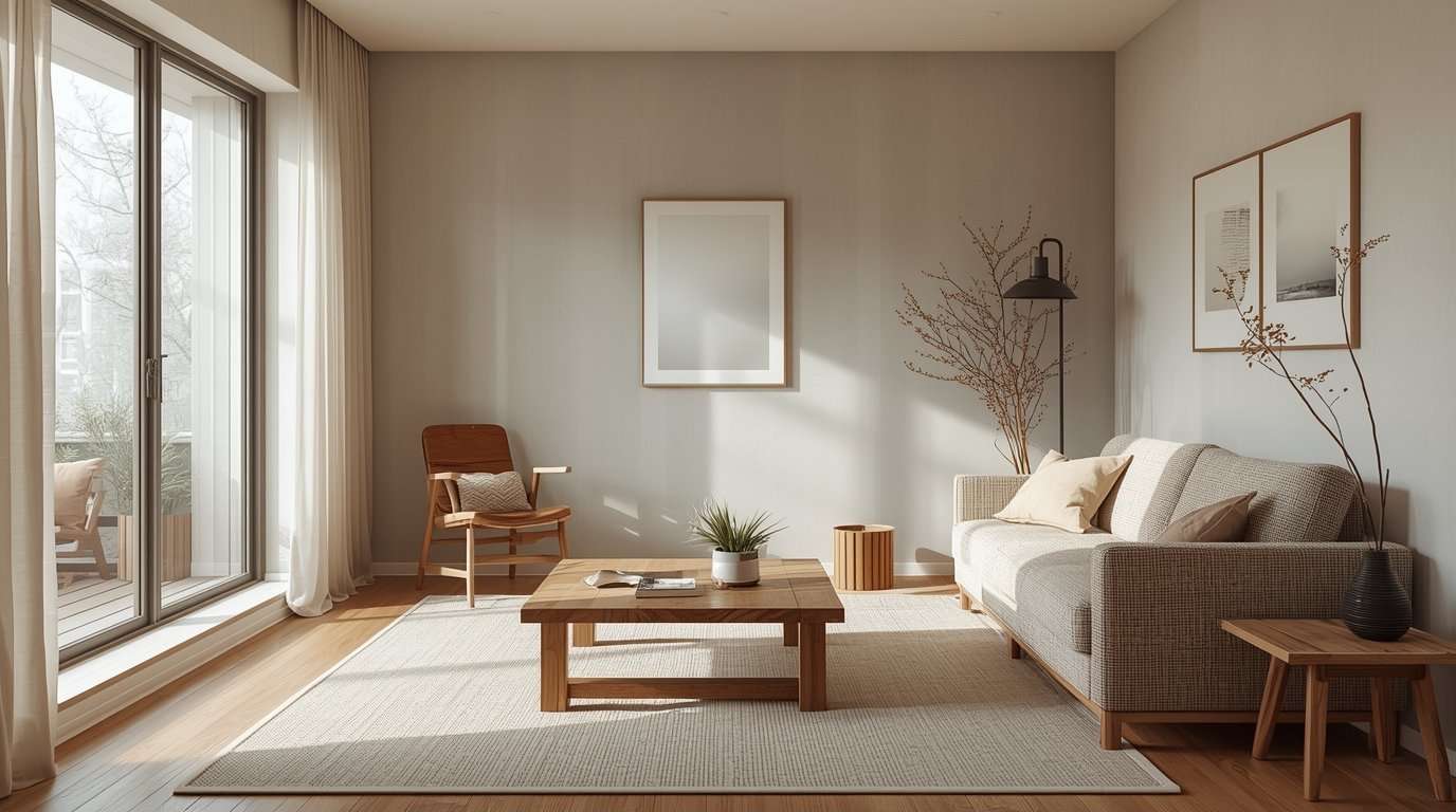 A cozy Japandi-inspired living room with a minimalist, Scandinavian-Nordic aesthetic. A large, floor-to-ceiling window floods the space with natural light, casting a warm, soft glow. In the foreground, a low, dwellstudio24 sectional sofa upholstered in a neutral, earthy tone complements the wood-paneled accent wall. Mid-ground, a modern, glass-topped coffee table sits atop a plush, natural fiber area rug. Potted plants and a wooden accent piece add pops of greenery and natural texture. In the background, a simple, white-painted wall serves as a clean, serene backdrop, emphasizing the room's sustainable, eco-friendly modern decor. Calm Japandi Small Apartments: Modern Decor ideas That Maximize Space
