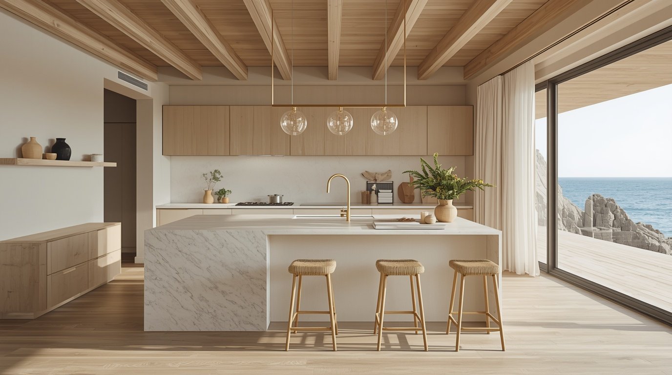 A beautifully designed coastal kitchen in Japandi style, showcasing minimalist elements with a blend of Scandinavian and Nordic influences. In the foreground, a spacious wooden dining table adorned with simple coastal decor, like seashells and a vase with fresh greenery. The middle features sleek cabinetry in soft white tones, accented with natural wood finishes, and open shelving displaying elegant dishware. A large, multi-paned window in the background lets in soft, natural light, with sheer curtains fluttering gently in the sea breeze. The floor is a warm light wood, harmonizing with the serene, calming atmosphere. The overall mood is tranquil and inviting, embodying a perfect beach house retreat. No people are present in the image. How to Turn Your Beach House to Dream Resort: Coastal Decor Ideas for Every Room