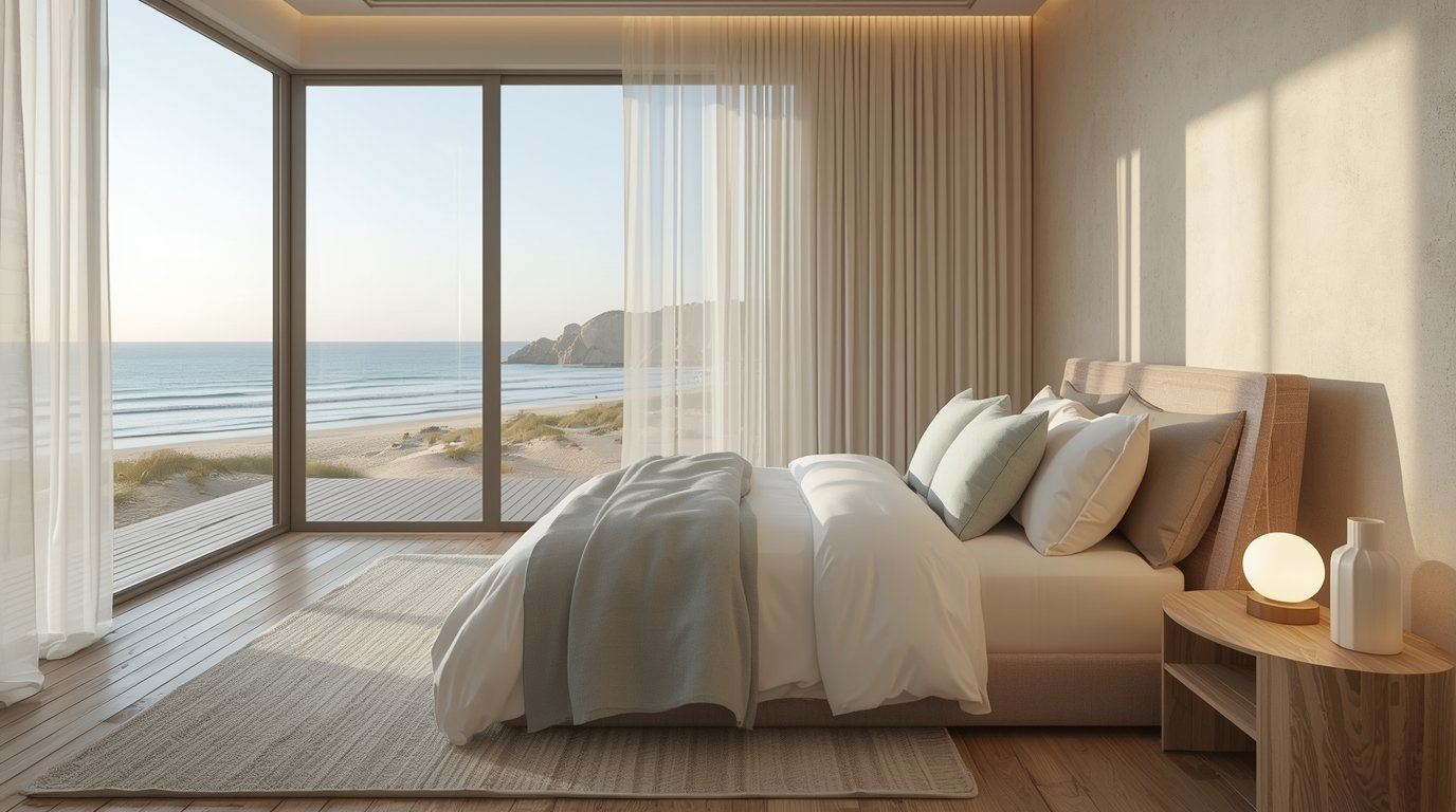 A serene coastal bedroom designed in Japandi style, featuring a minimalist Scandinavian aesthetic. The foreground showcases a plush, neutral-toned bed adorned with textured linens and soft, pastel throw pillows. In the middle, an elegant wooden nightstand holds a small vase of delicate sea glass and a glowing lamp, casting warm, soft light. The background reveals large windows with sheer curtains that gently sway, offering a glimpse of a sandy beach and ocean waves beyond. The color palette includes soft blues, sandy beiges, and white accents, creating a tranquil atmosphere. The overall mood is calm and inviting, embodying the essence of a coastal retreat. The angle captures the room from a corner, emphasizing the openness and airy feel. There are no human subjects present in the scene. How to Turn Your Beach House to Dream Resort: Coastal Decor Ideas for Every Room