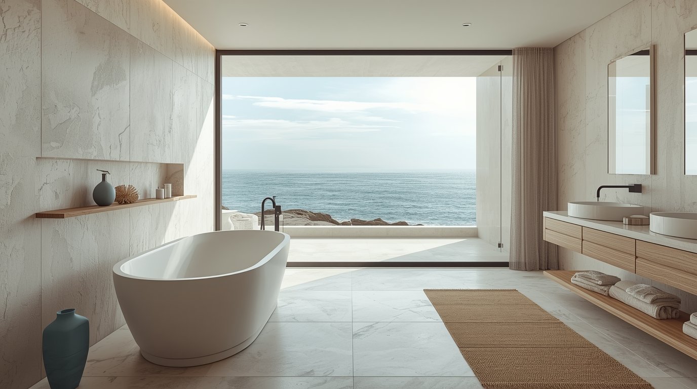 A beautifully designed coastal kitchen in Japandi style, showcasing minimalist elements with a blend of Scandinavian and Nordic influences. In the foreground, a spacious wooden dining table adorned with simple coastal decor, like seashells and a vase with fresh greenery. The middle features sleek cabinetry in soft white tones, accented with natural wood finishes, and open shelving displaying elegant dishware. A large, multi-paned window in the background lets in soft, natural light, with sheer curtains fluttering gently in the sea breeze. The floor is a warm light wood, harmonizing with the serene, calming atmosphere. The overall mood is tranquil and inviting, embodying a perfect beach house retreat. No people are present in the image. How to Turn Your Beach House to Dream Resort: Coastal Decor Ideas for Every Room