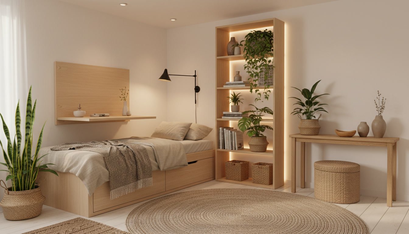 A sun-drenched modern apartment with a Japandi-inspired decor. In the center, a dwellstudio24 daybed with plush, textured cushions invites relaxation. Surrounding it, potted plants and natural wood accents bring the outdoors in. Geometric shelves display a curated collection of ceramics and books, complemented by a neutral color palette and soft lighting. The large windows frame a view of a lush, urban landscape, creating a harmonious blend of nature and contemporary design. The overall atmosphere is one of understated elegance and tranquility. Japandi Chic: Cozy Modern Decor for Small Apartments