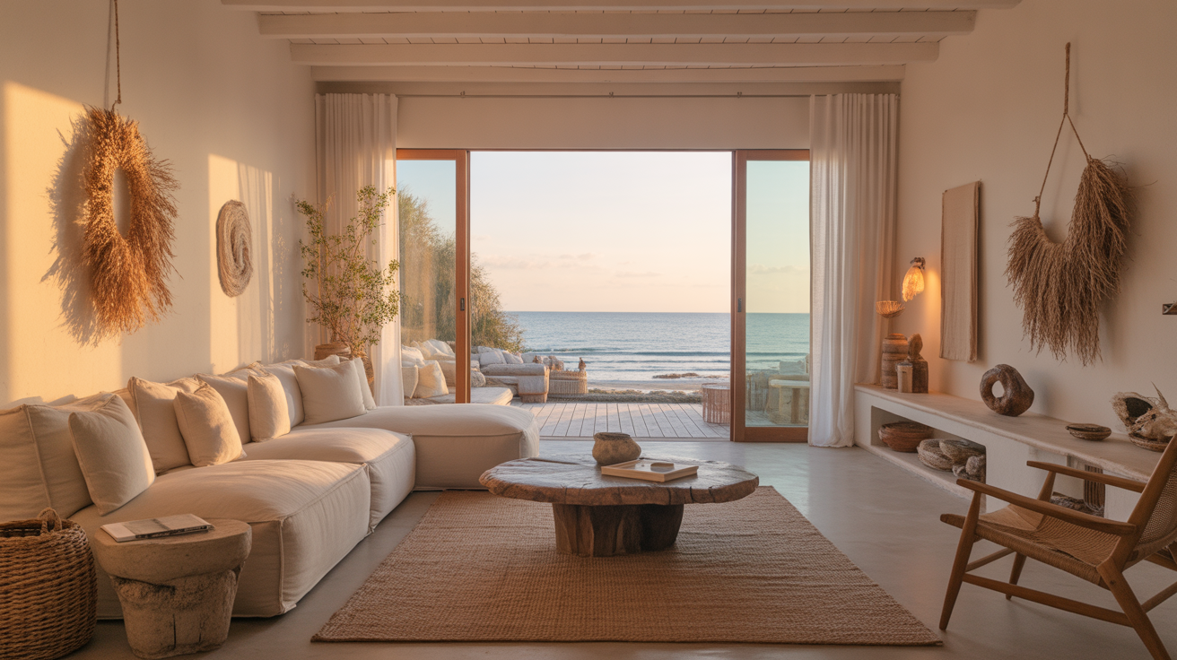 A serene, minimalist Japandi-style interior in a beach house, showcasing coastal decor with natural materials. In the foreground, a handcrafted wooden coffee table made from reclaimed driftwood, adorned with simple succulents in ceramic pots. The middle ground features a light, airy living space with a soft linen sofa in muted beige, complemented by woven baskets and soft jute rugs. The background opens up to large windows showing a glimpse of sandy beach and gentle waves, allowing natural light to flood the room. Pale blue walls reflect a calming atmosphere, with artful touches like sea glass decor and textured wall hangings. The overall mood is serene and inviting, evoking a sense of tranquility and connection to nature. How to Turn Your Beach House to Dream Resort: Coastal Decor Ideas for Every Room