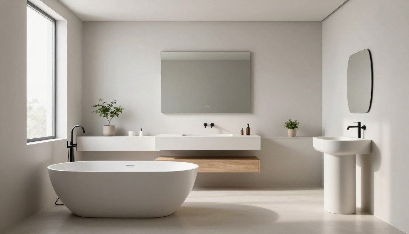 A minimalist Bauhaus bathroom design featuring clean lines and functional elements. In the foreground, a sleek, freestanding tub with geometric shapes sits next to a modern pedestal sink, both in neutral tones. The middle layer includes a large, frameless mirror above the sink, reflecting natural light streaming in from a tall, square window. The background is adorned with simple, built-in cabinetry and a small potted plant, adding a touch of greenery. The overall color palette is muted with whites, grays, and soft wood tones, evoking a serene and calming atmosphere. Bright, diffuse lighting enhances the spacious feel, while a wide-angle view captures the elegance of Scandinavian design influences. The scene embodies the essence of modern living, practicality, and aesthetic simplicity. A minimalist Bauhaus bathroom design featuring clean lines and functional elements. In the foreground, a sleek, freestanding tub with geometric shapes sits next to a modern pedestal sink, both in neutral tones. The middle layer includes a large, frameless mirror above the sink, reflecting natural light streaming in from a tall, square window. The background is adorned with simple, built-in cabinetry and a small potted plant, adding a touch of greenery. The overall color palette is muted with whites, grays, and soft wood tones, evoking a serene and calming atmosphere. Bright, diffuse lighting enhances the spacious feel, while a wide-angle view captures the elegance of Scandinavian design influences. The scene embodies the essence of modern living, practicality, and aesthetic simplicity.