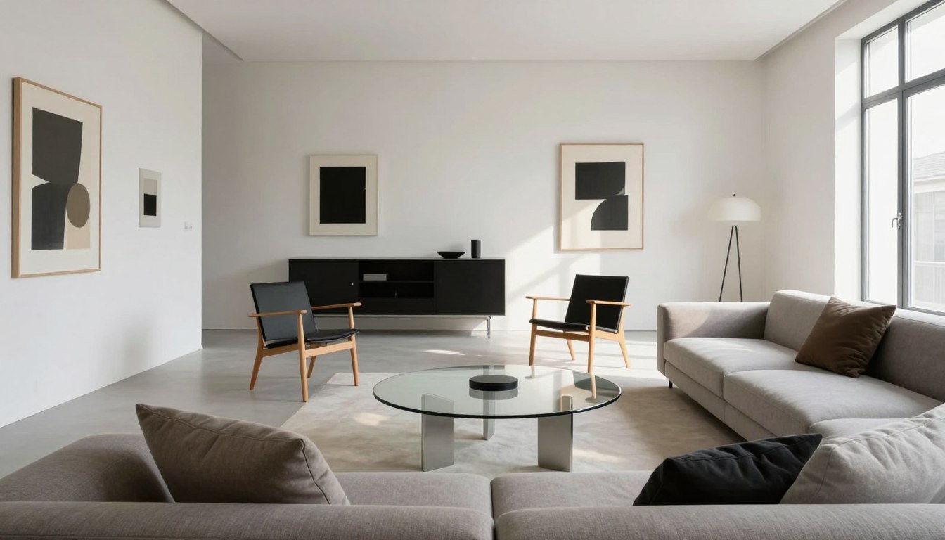 A minimalist Bauhaus interior design featuring clean lines and functional furniture. In the foreground, a sleek, modern sofa in muted tones with geometric throw pillows. In the middle ground, a large, round coffee table made of glass and metal, surrounded by elegant Danish-style chairs. The background showcases an open space with fitted cabinetry and a gallery wall adorned with abstract art. Natural light floods the room through large windows, casting soft shadows. The color palette is neutral, emphasizing whites, blacks, and earthy tones, creating a serene atmosphere. The setting embodies a blend of Scandinavian simplicity and Bauhaus efficiency, reflecting a modern living space that prioritizes functionality and aesthetic balance. A minimalist Bauhaus interior design featuring clean lines and functional furniture. In the foreground, a sleek, modern sofa in muted tones with geometric throw pillows. In the middle ground, a large, round coffee table made of glass and metal, surrounded by elegant Danish-style chairs. The background showcases an open space with fitted cabinetry and a gallery wall adorned with abstract art. Natural light floods the room through large windows, casting soft shadows. The color palette is neutral, emphasizing whites, blacks, and earthy tones, creating a serene atmosphere. The setting embodies a blend of Scandinavian simplicity and Bauhaus efficiency, reflecting a modern living space that prioritizes functionality and aesthetic balance.