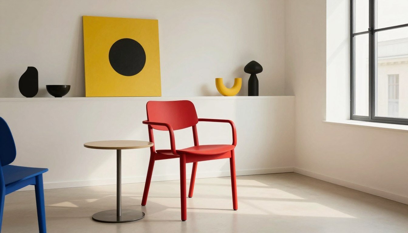 A minimalist interior scene inspired by the Bauhaus color palette featuring geometric shapes and clean lines. In the foreground, a sleek Scandinavian-style chair in a vibrant primary color, such as red or blue, is placed next to a small round table with a simple design. The middle ground showcases a subtle interplay of Bauhaus colors—yellow, black, and white—through abstract wall art and decorative elements arranged on shelves. The background includes large windows allowing natural light to pour in, creating soft shadows that enhance the space's tranquility. The overall atmosphere is modern and inviting, reflecting the essence of Bauhaus design principles, with an emphasis on functionality and aesthetic simplicity. The lighting should be warm and bright, capturing the essence of a contemporary living space. A minimalist interior scene inspired by the Bauhaus color palette featuring geometric shapes and clean lines. In the foreground, a sleek Scandinavian-style chair in a vibrant primary color, such as red or blue, is placed next to a small round table with a simple design. The middle ground showcases a subtle interplay of Bauhaus colors—yellow, black, and white—through abstract wall art and decorative elements arranged on shelves. The background includes large windows allowing natural light to pour in, creating soft shadows that enhance the space's tranquility. The overall atmosphere is modern and inviting, reflecting the essence of Bauhaus design principles, with an emphasis on functionality and aesthetic simplicity. The lighting should be warm and bright, capturing the essence of a contemporary living space.