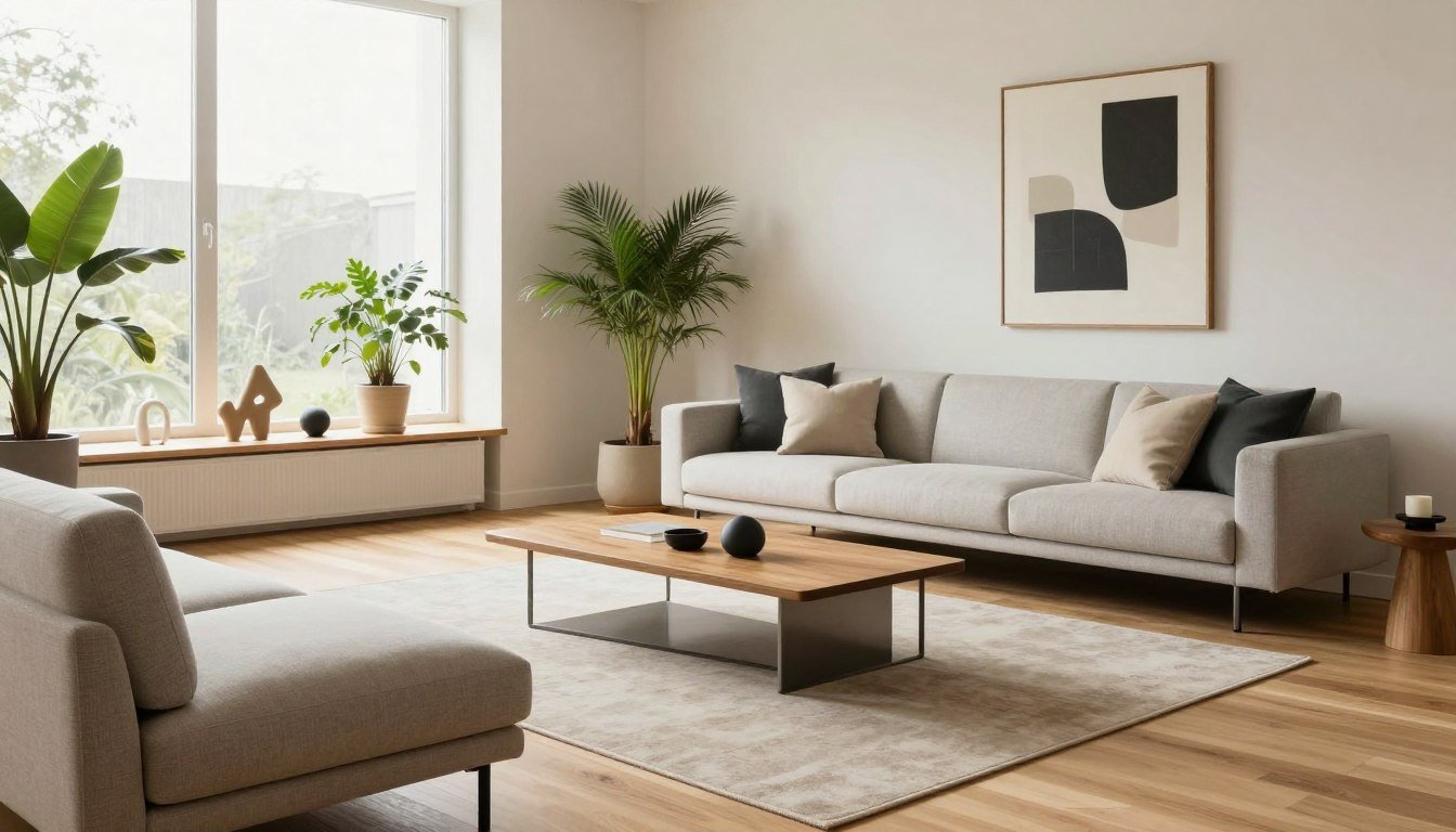 A modern Bauhaus living room featuring clean lines and an open layout. The foreground includes a sleek, low-profile sofa with geometric cushions and a minimalist coffee table made of wood and metal. In the middle, a stylish rug complements the light-colored hardwood floor. A large window lets in natural light, illuminating a curated selection of plants and sculptural decor that reflects Danish and Scandinavian design aesthetics. The background showcases a neutral wall adorned with abstract art, further emphasizing the room's minimalist style. Use soft, diffused lighting to create a warm and inviting atmosphere, captured from a slightly elevated angle to provide depth and perspective. Overall, the image should exude a sense of comfort, functionality, and elegance characteristic of modern Bauhaus design. A modern Bauhaus living room featuring clean lines and an open layout. The foreground includes a sleek, low-profile sofa with geometric cushions and a minimalist coffee table made of wood and metal. In the middle, a stylish rug complements the light-colored hardwood floor. A large window lets in natural light, illuminating a curated selection of plants and sculptural decor that reflects Danish and Scandinavian design aesthetics. The background showcases a neutral wall adorned with abstract art, further emphasizing the room's minimalist style. Use soft, diffused lighting to create a warm and inviting atmosphere, captured from a slightly elevated angle to provide depth and perspective. Overall, the image should exude a sense of comfort, functionality, and elegance characteristic of modern Bauhaus design.